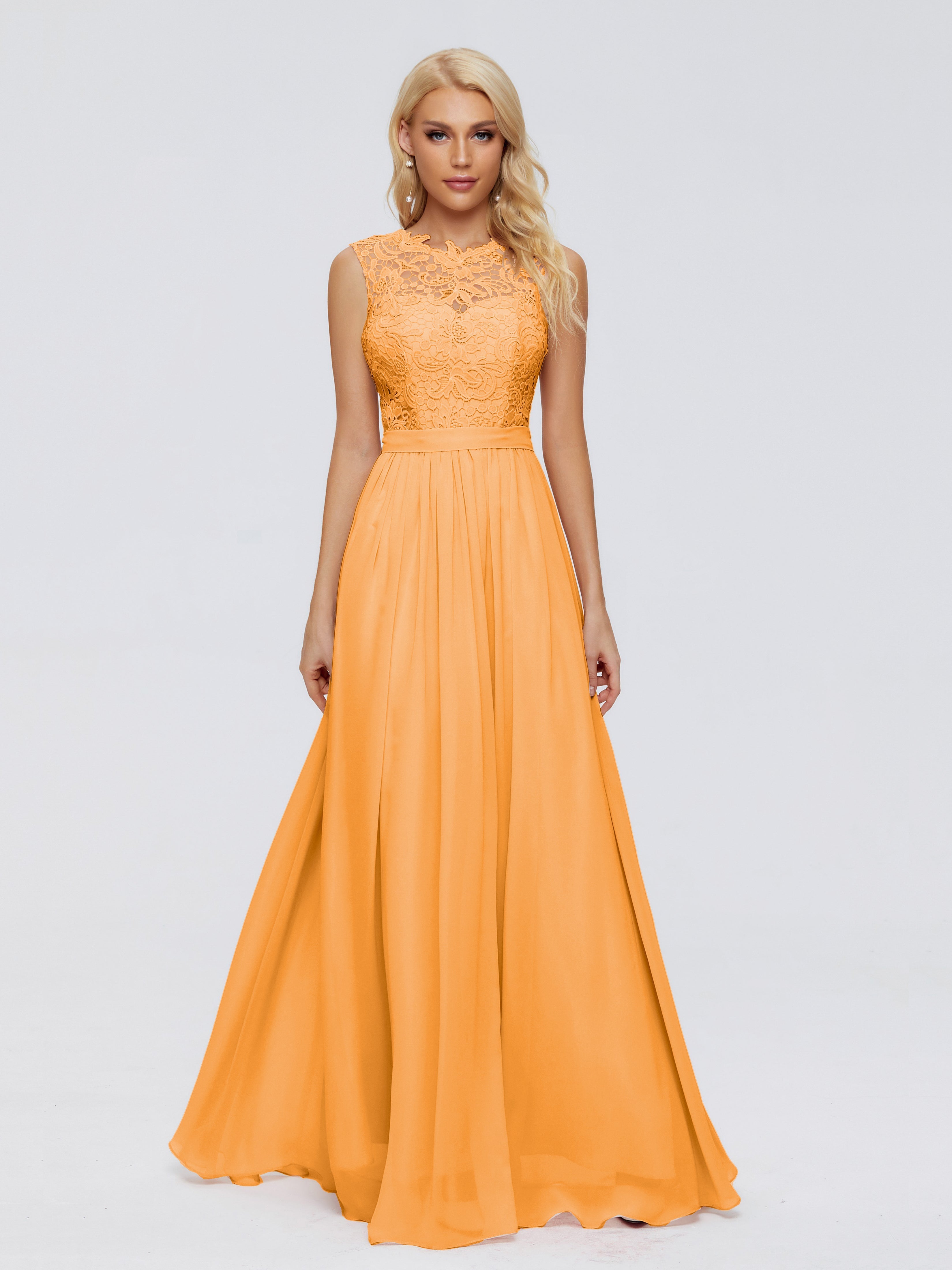 Robes De Demoiselle D'Honneur Mandarine Trapèze Bateau Mousseline Robes Demoiselle D'Honneur