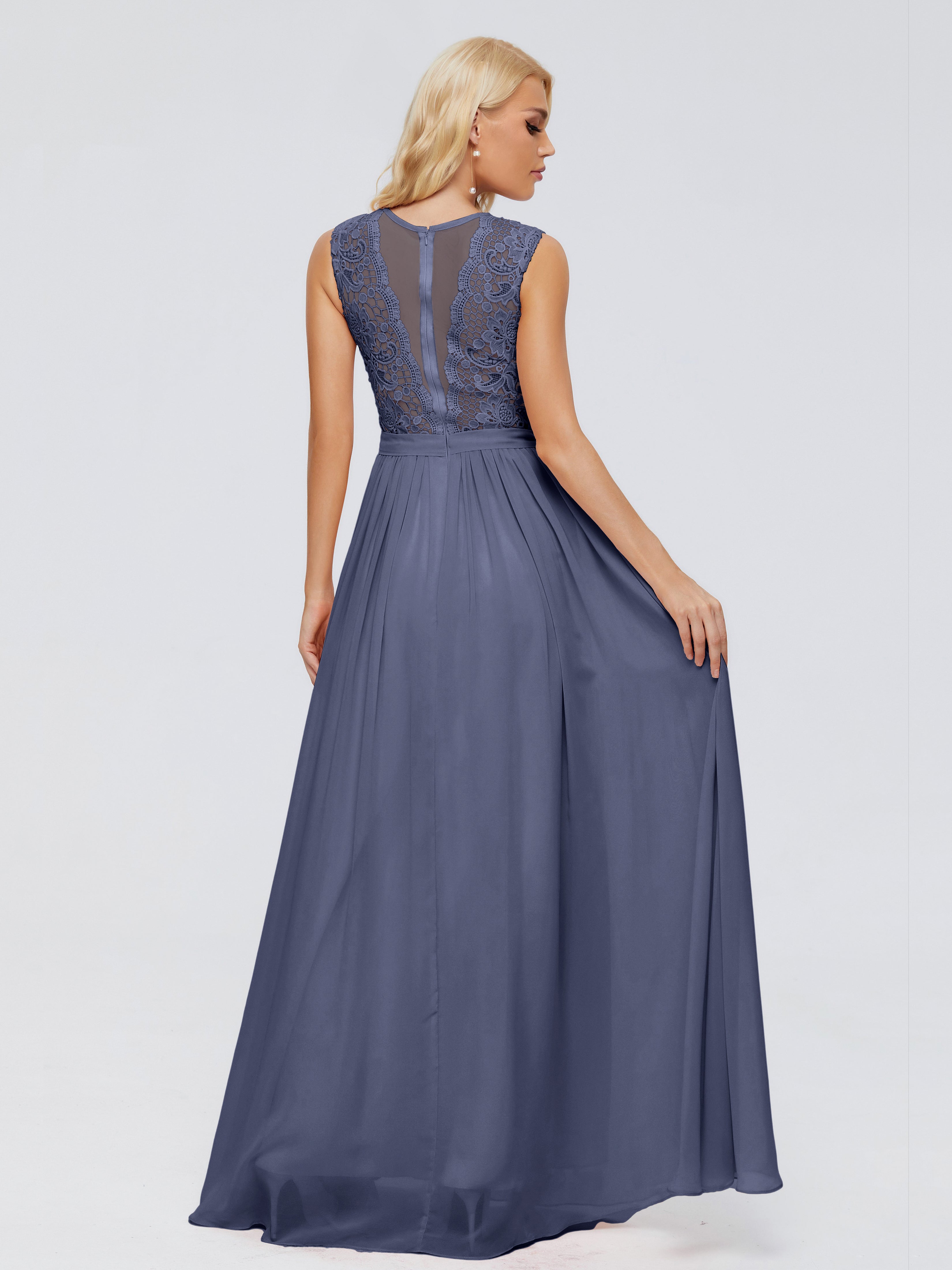Robes De Demoiselle D'Honneur Bleu Orageux Trapèze Bateau Mousseline Robes Demoiselle D'Honneur