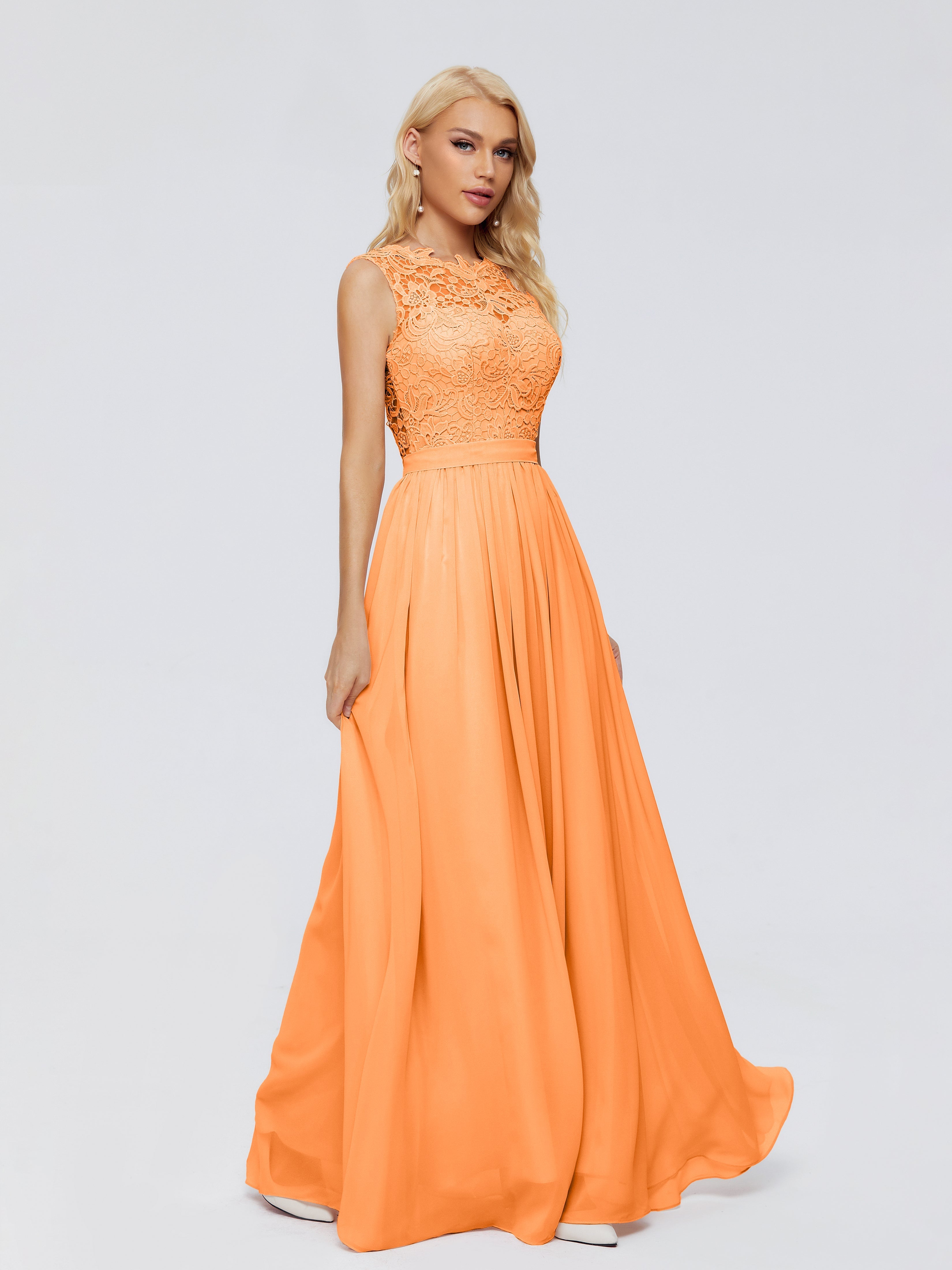 Robe Mousseline Orange Trapèze Bateau Mousseline Robes Demoiselle D'Honneur