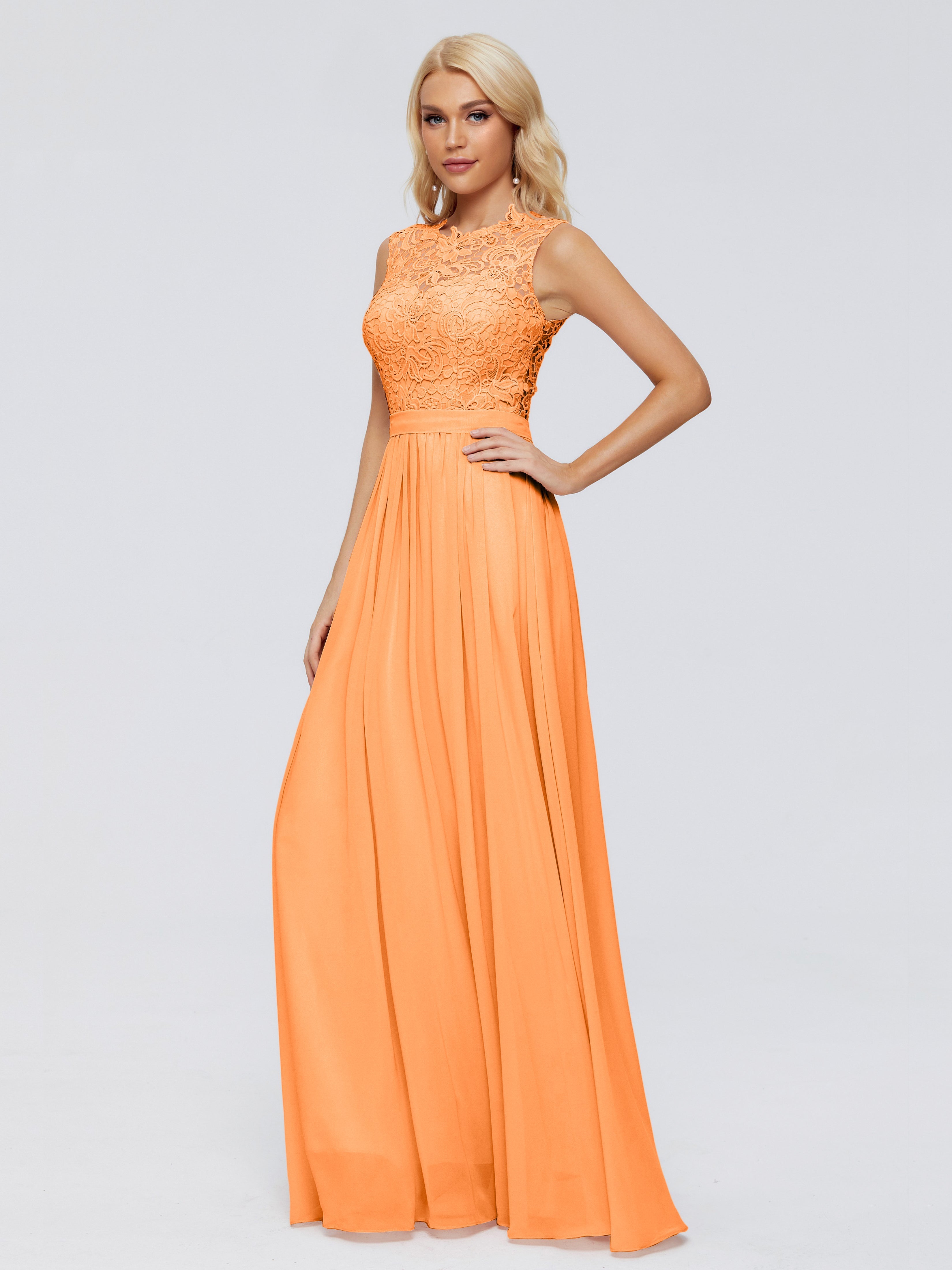 Robe Mousseline Orange Trapèze Bateau Mousseline Robes Demoiselle D'Honneur