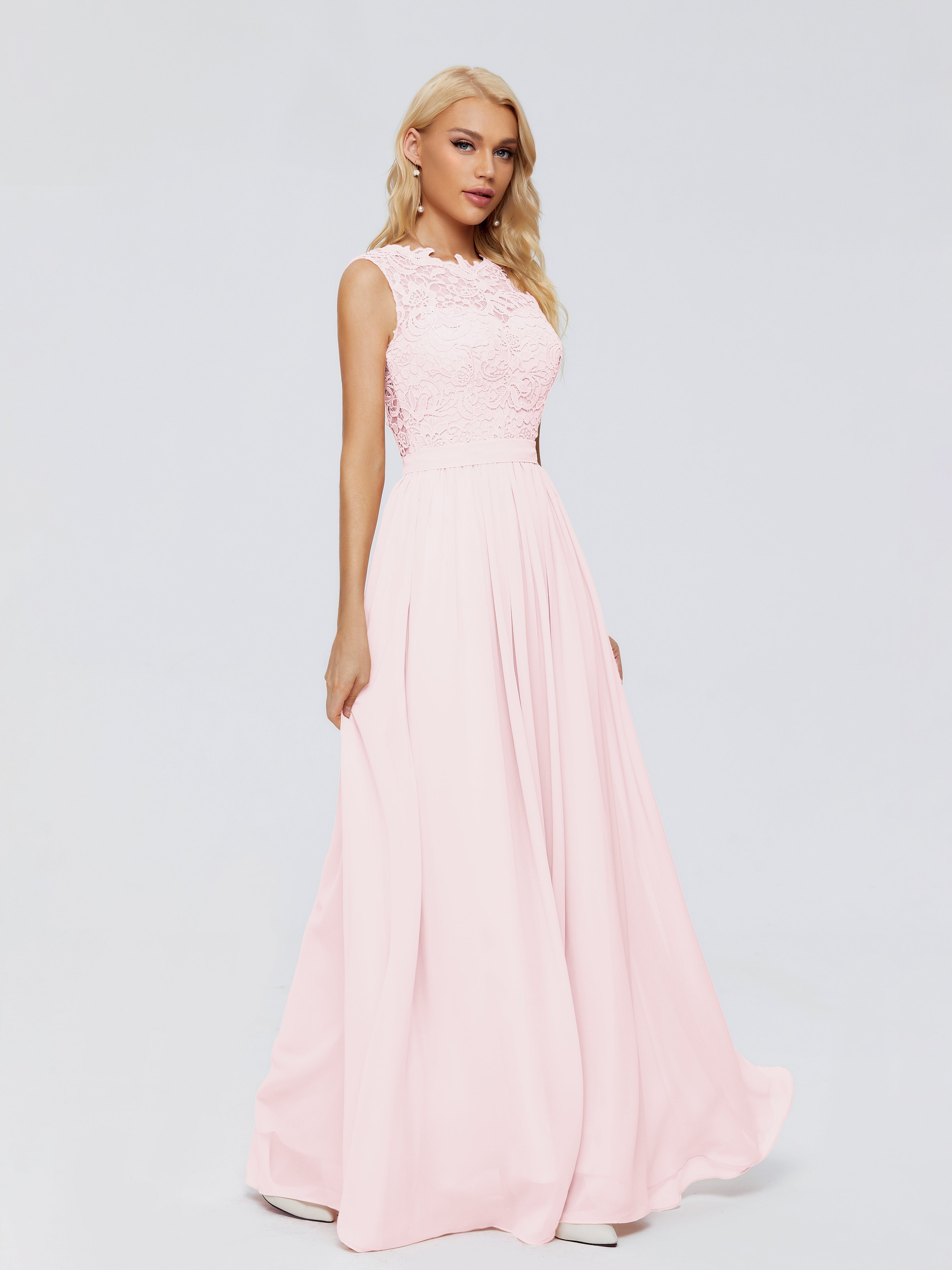 Robe Rose Pale Demoiselle D Honneur Trapèze Bateau Mousseline Robes Demoiselle D'Honneur