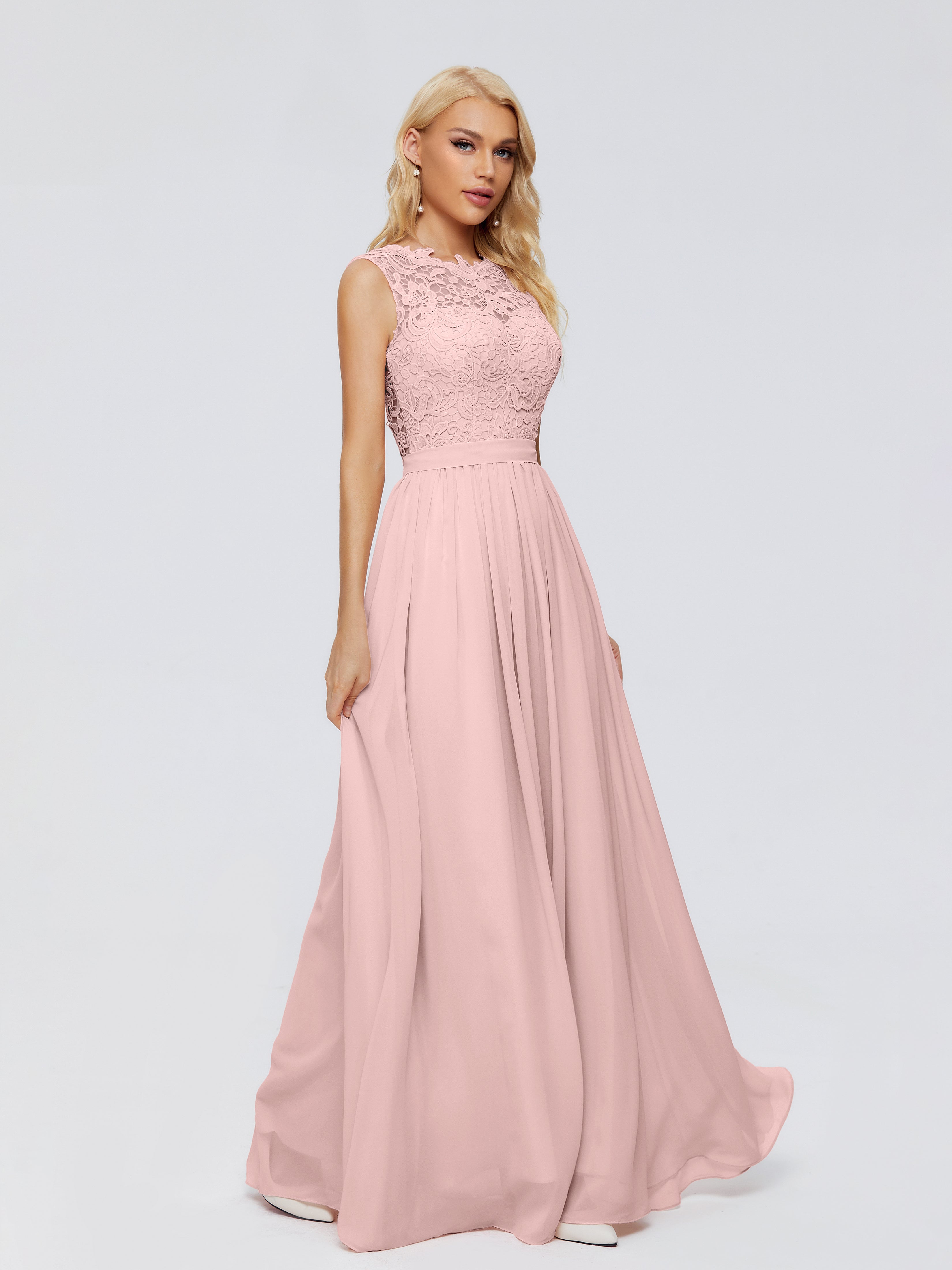 Poudree Robe Demoiselle D Honneur Rose Trapèze Bateau Mousseline Robes Demoiselle D'Honneur