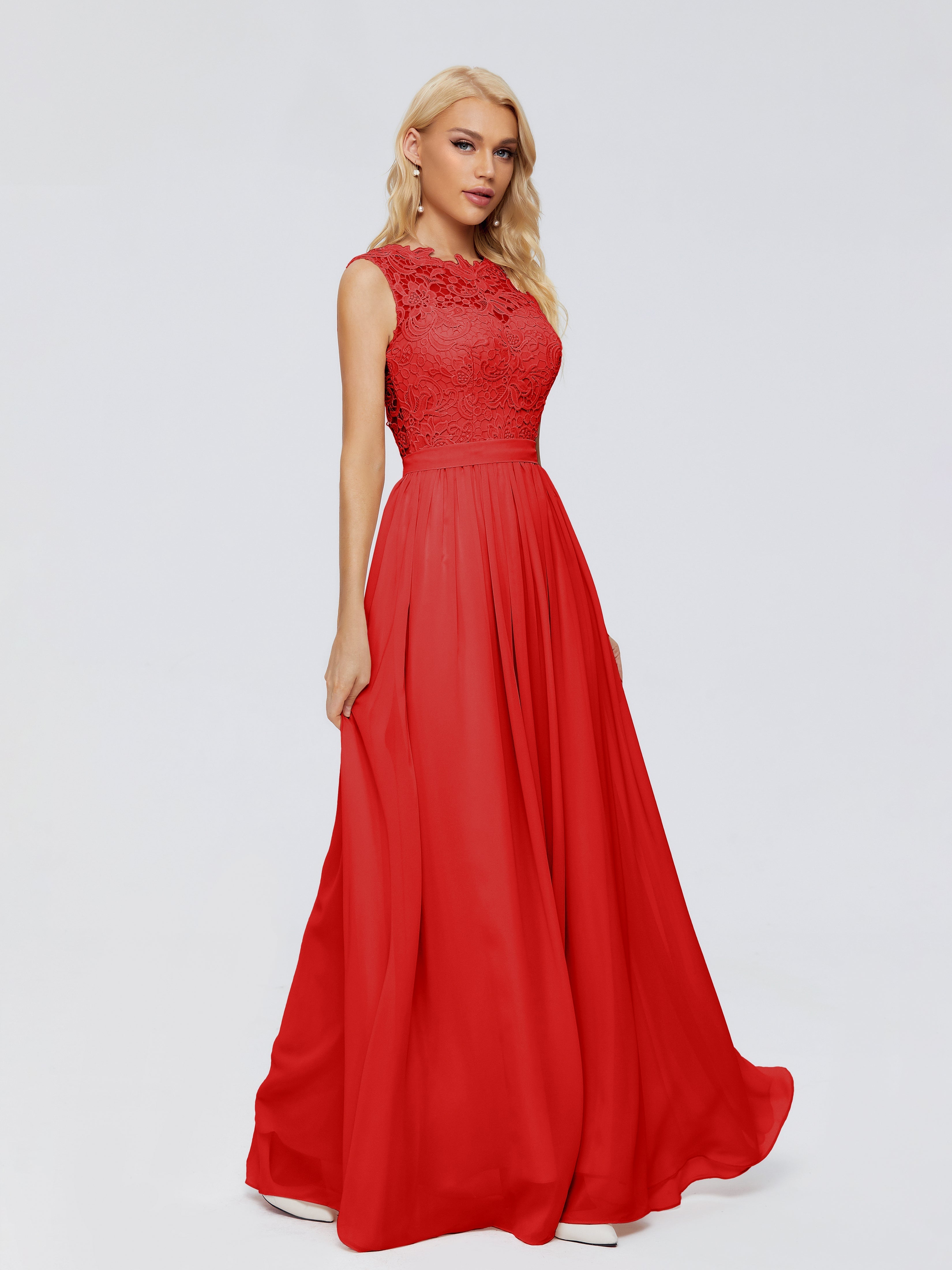 Robe Longue Demoiselle D Honneur Rouge Trapèze Bateau Mousseline Robes Demoiselle D'Honneur