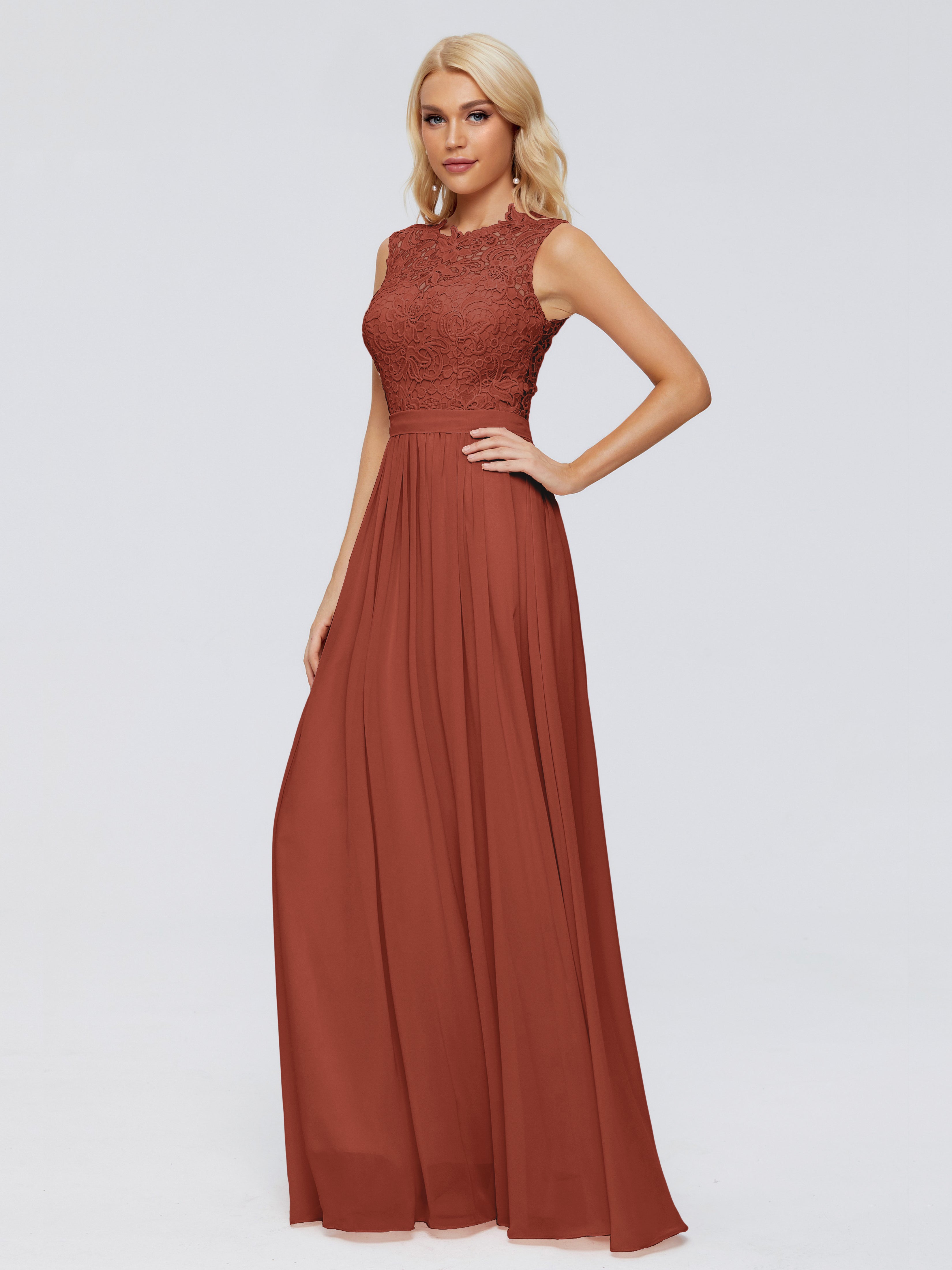Longues Robes De Demoiselle D'Honneur De Rouille Trapèze Bateau Mousseline Robes Demoiselle D'Honneur