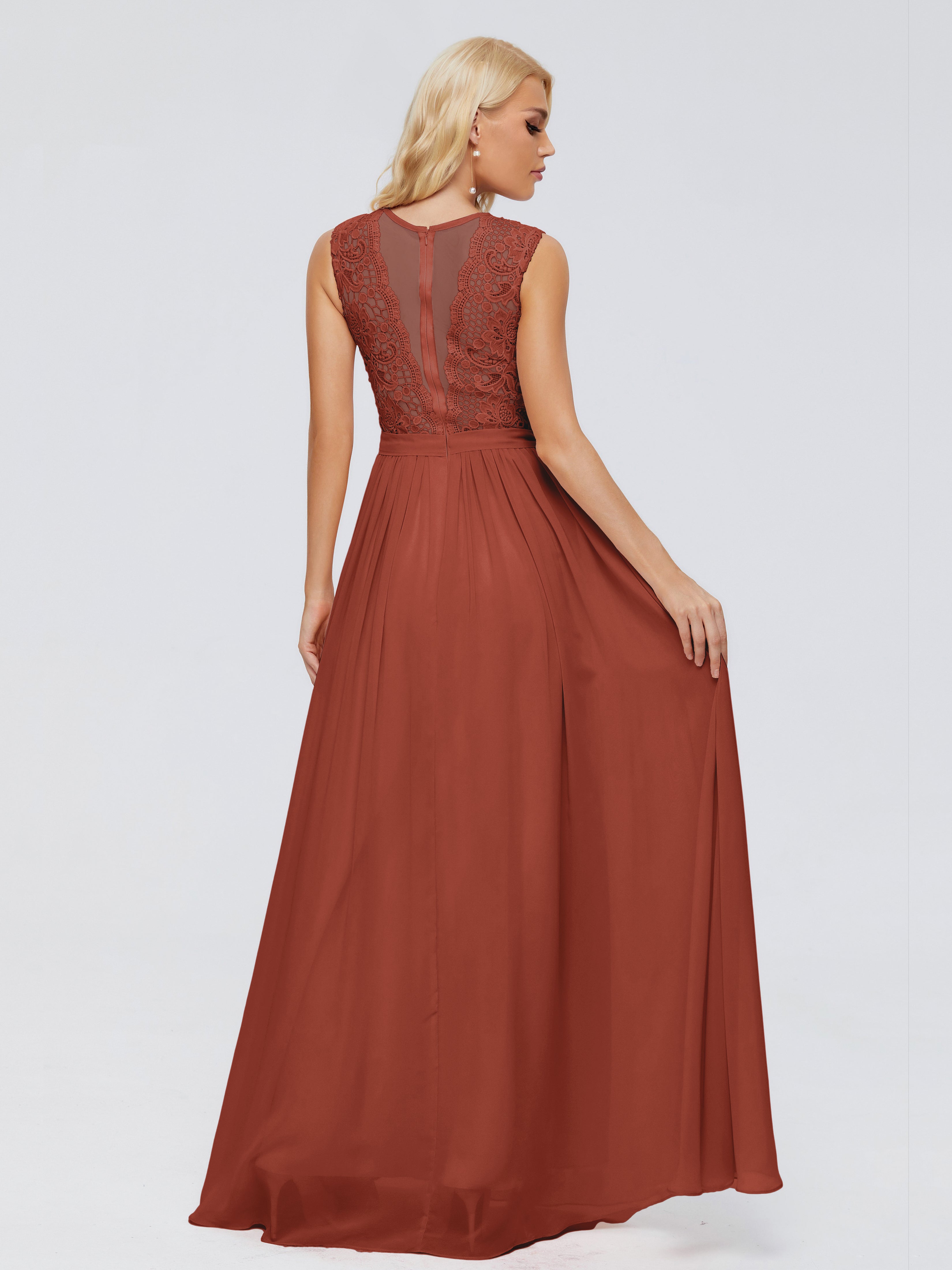 Longues Robes De Demoiselle D'Honneur De Rouille Trapèze Bateau Mousseline Robes Demoiselle D'Honneur
