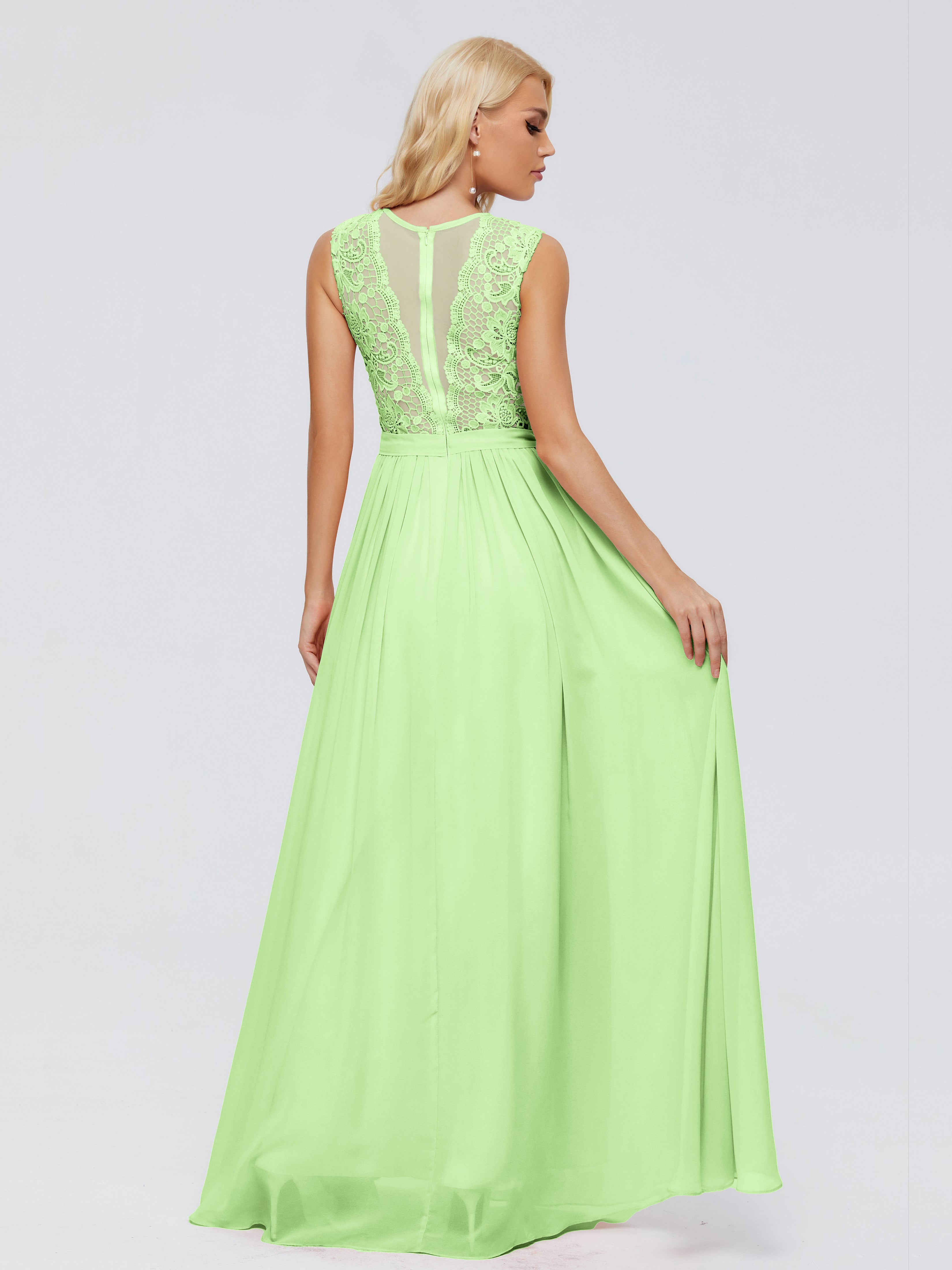 Demoiselle D'Honneur Vert Sauge Trapèze Bateau Mousseline Robes Demoiselle D'Honneur