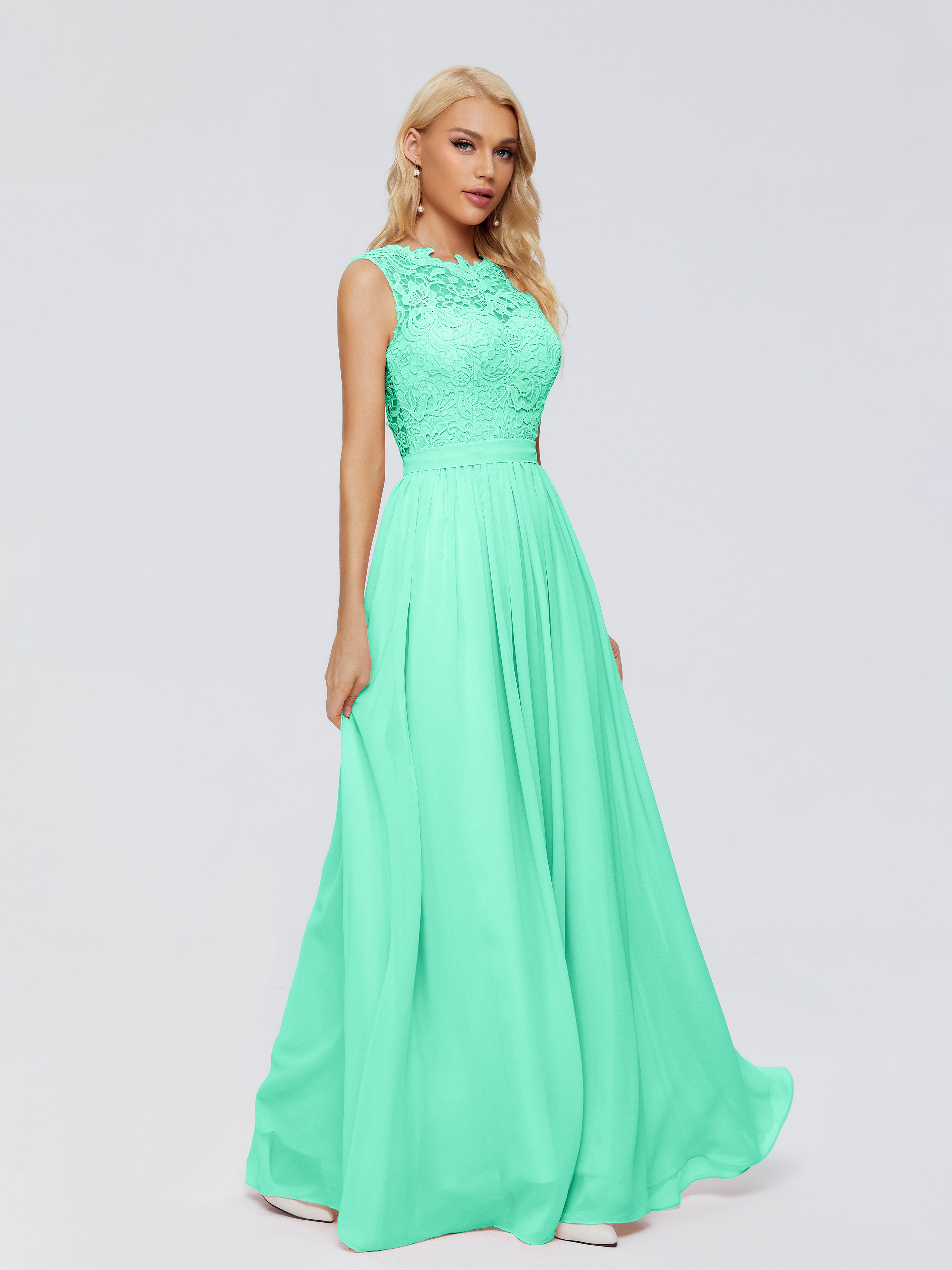 Robes De Demoiselle D'Honneur Vert Menthe Trapèze Bateau Mousseline Robes Demoiselle D'Honneur