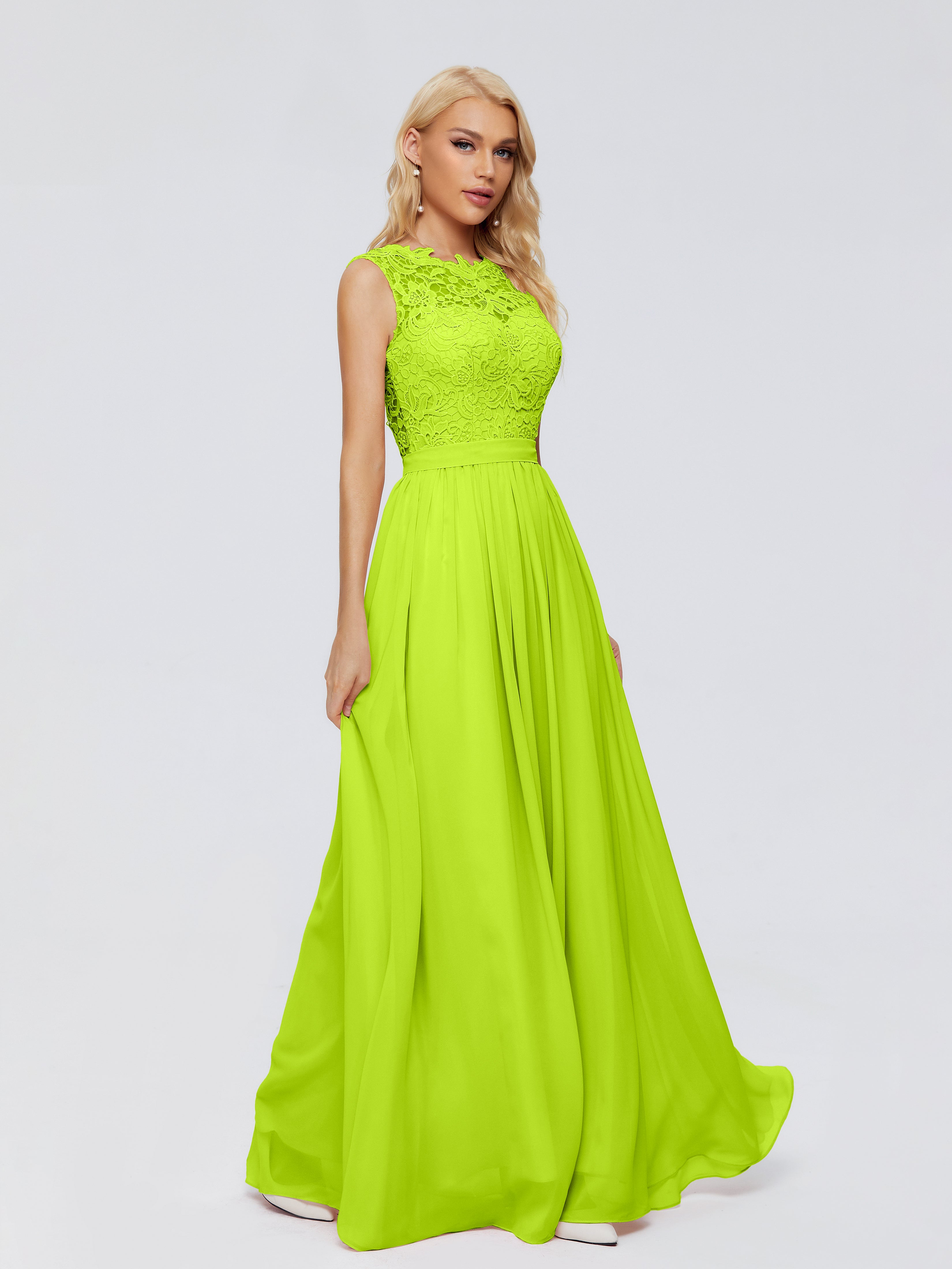 Robes De Demoiselle D'Honneur Vert Citron Trapèze Bateau Mousseline Robes Demoiselle D'Honneur