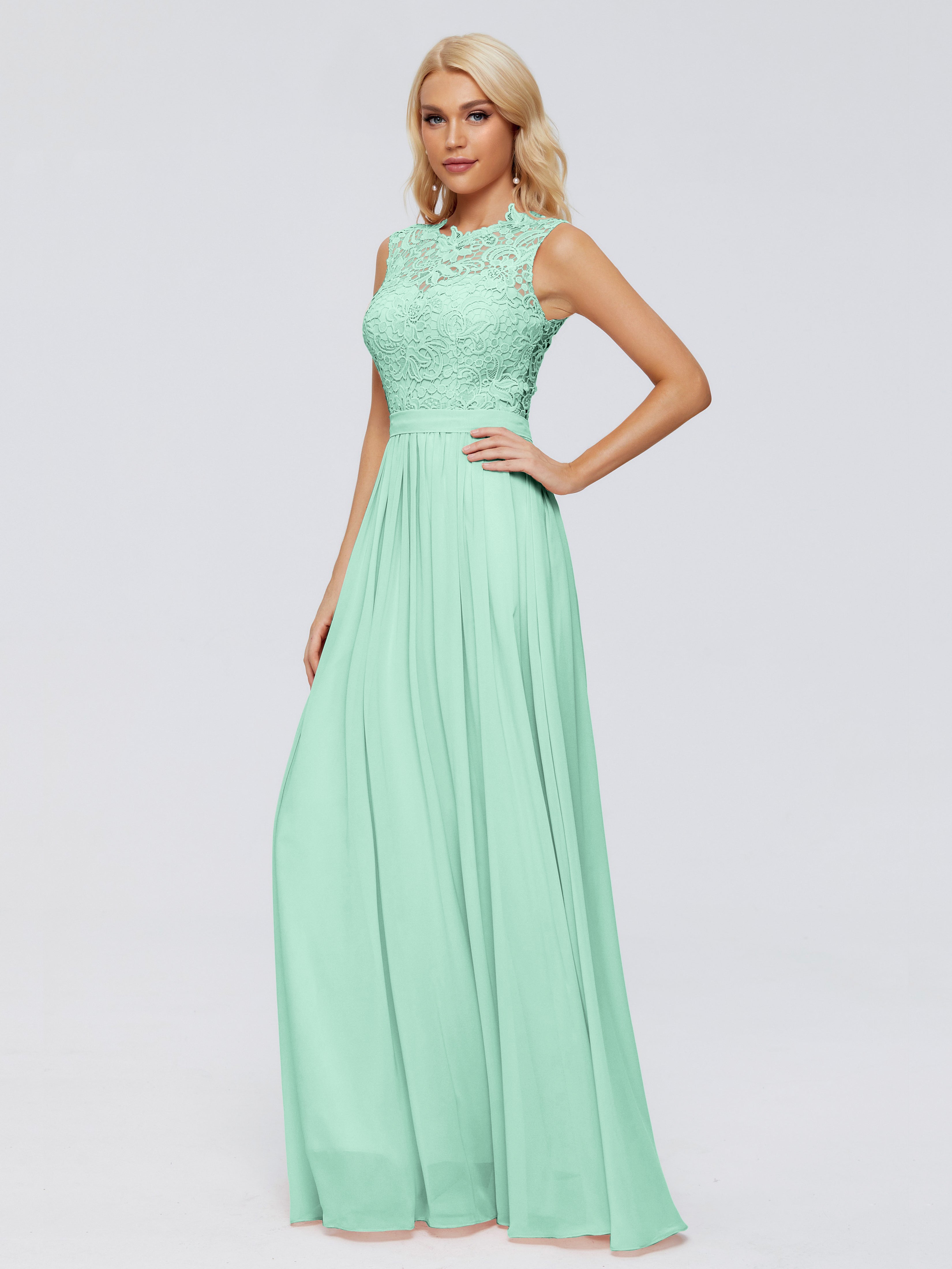 Robes De Demoiselle D'Honneur Vert Menthe Trapèze Bateau Mousseline Robes Demoiselle D'Honneur