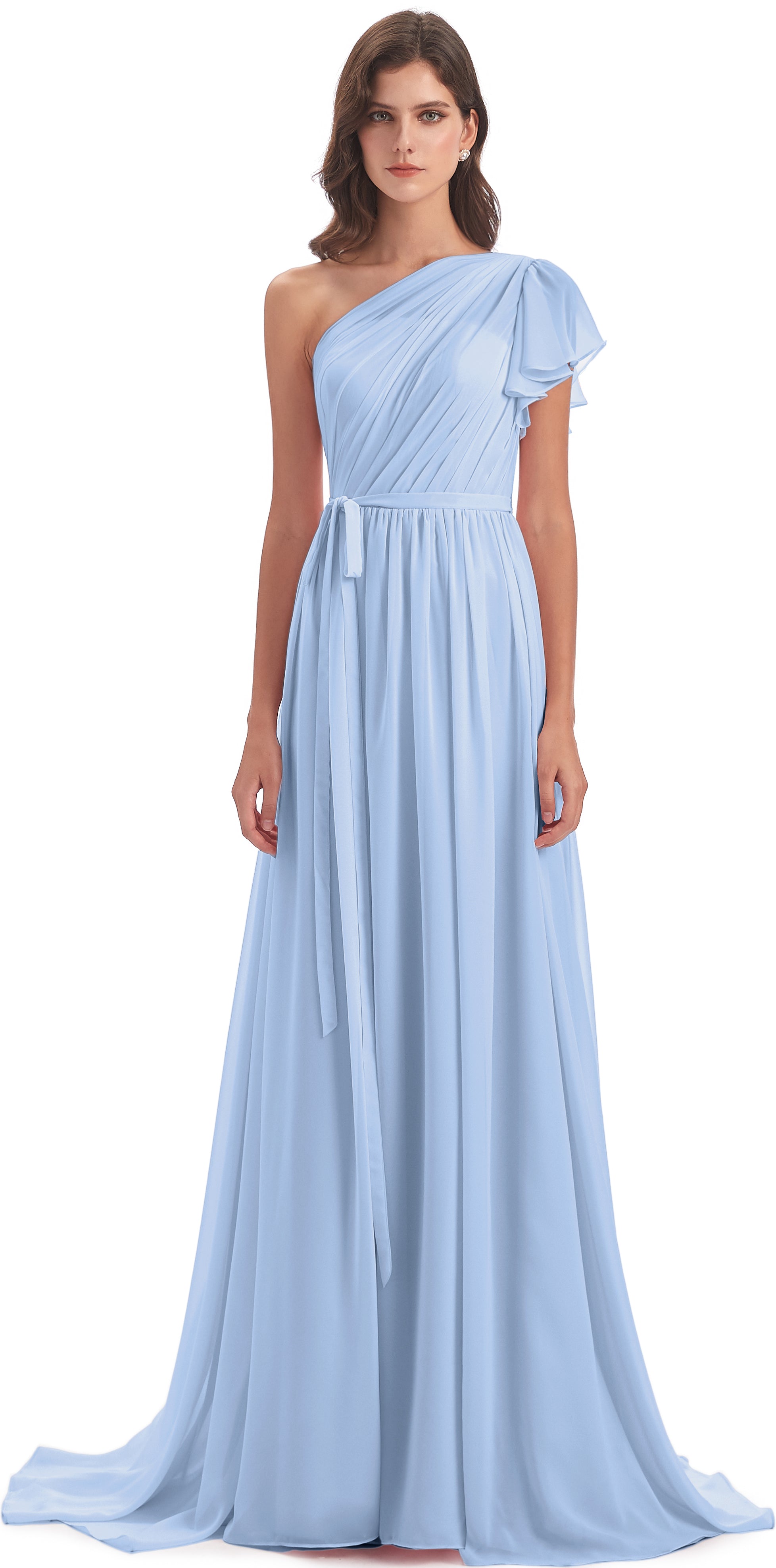 Robes De Demoiselle D'Honneur Bleu Ciel Balayage/Pinceau Traîne Seule-Épaule Robes Demoiselle D'Honneur
