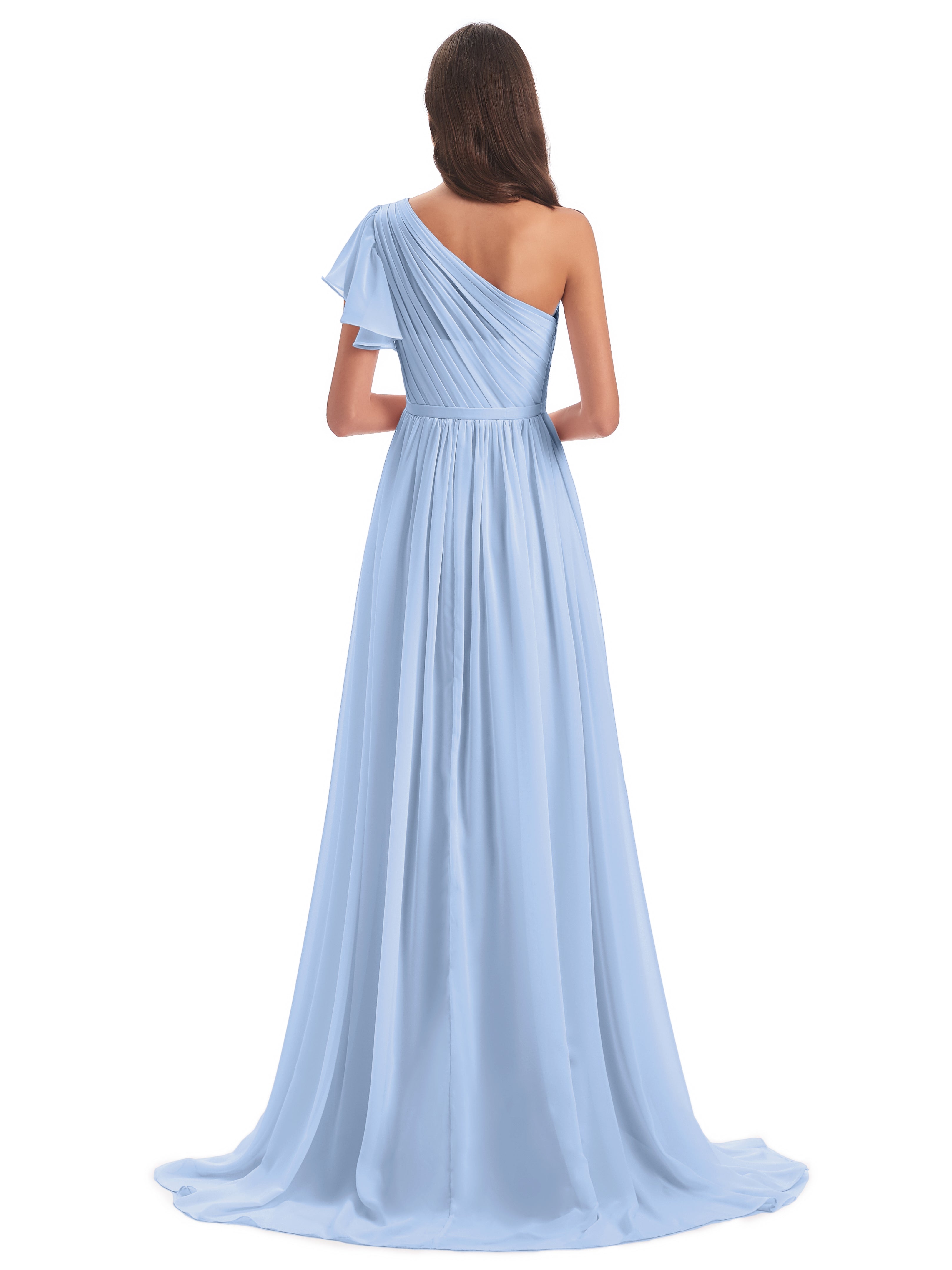 Robes De Demoiselle D'Honneur Bleu Ciel Balayage/Pinceau Traîne Seule-Épaule Robes Demoiselle D'Honneur