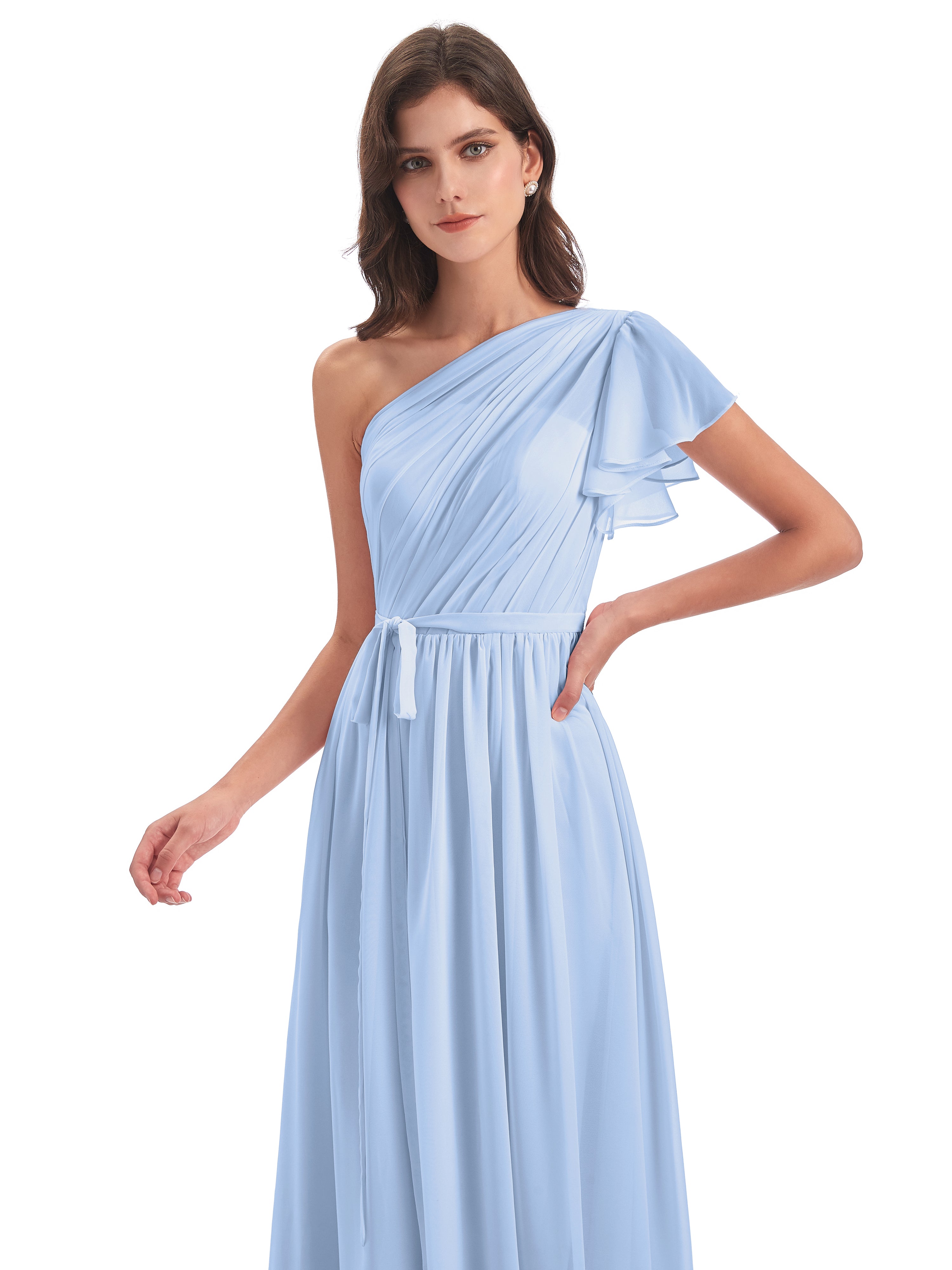 Robes De Demoiselle D'Honneur Bleu Ciel Balayage/Pinceau Traîne Seule-Épaule Robes Demoiselle D'Honneur
