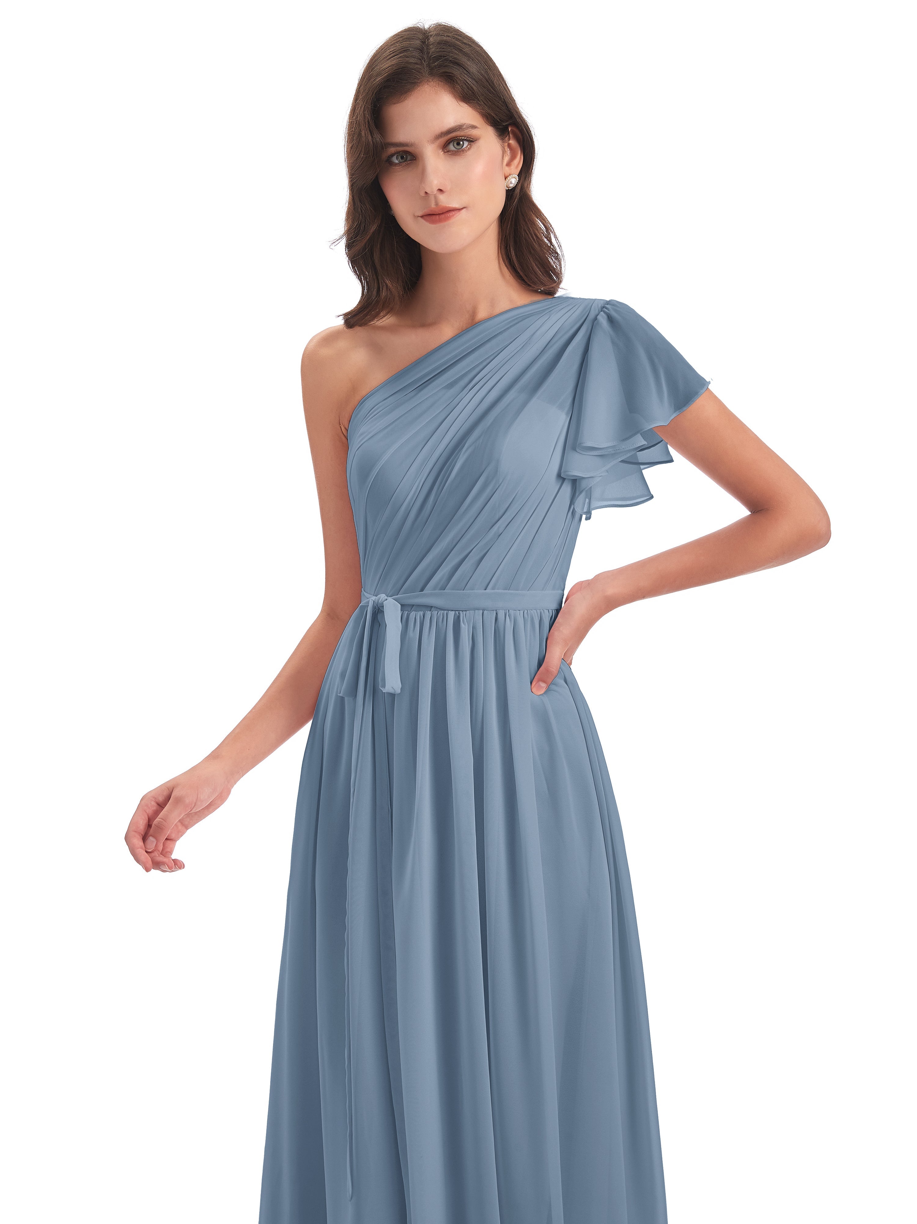 Robes De Demoiselle D'Honneur Bleu De Schiste Balayage/Pinceau Traîne Seule-Épaule Robes Demoiselle D'Honneur
