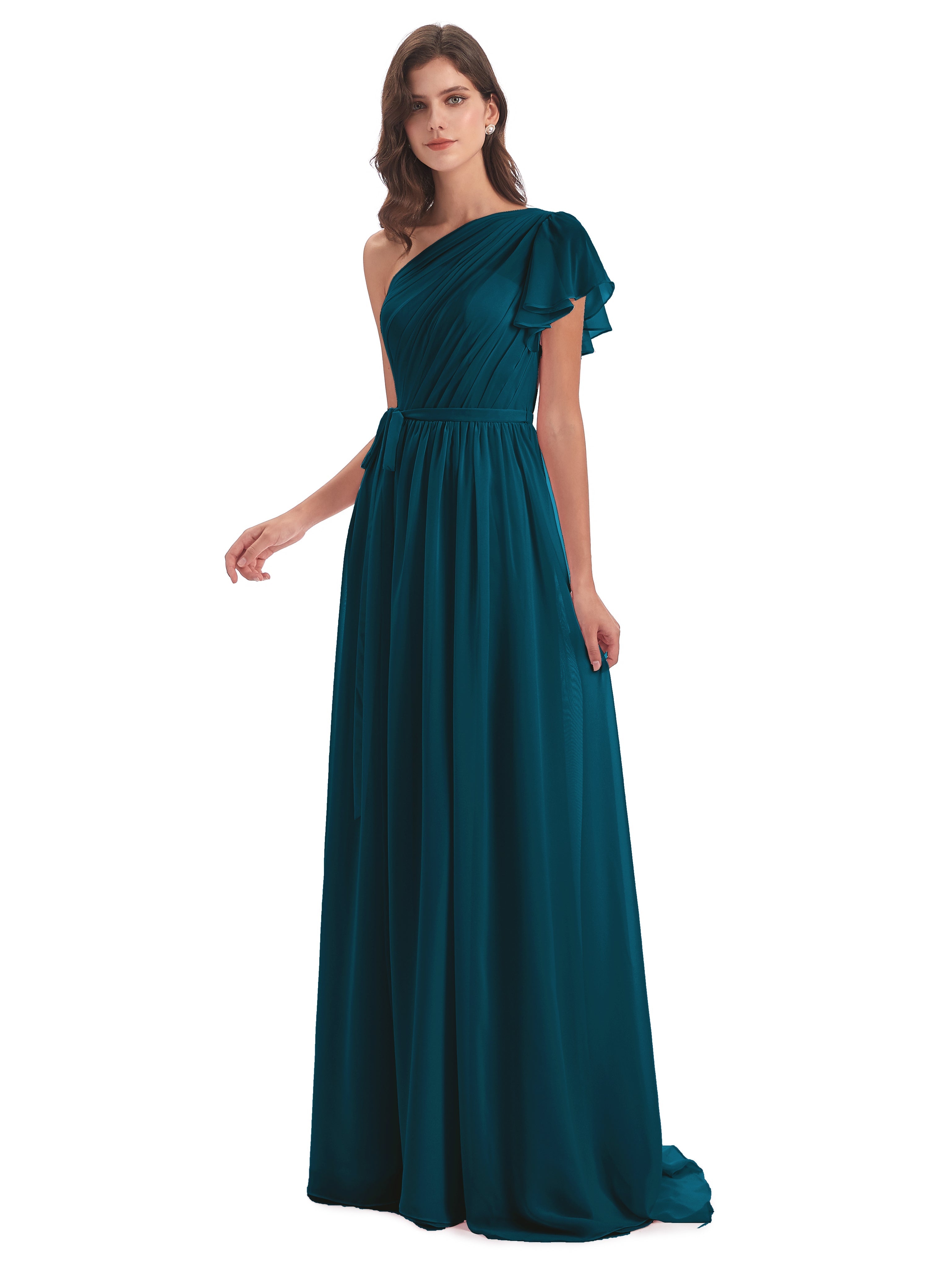 Robes De Demoiselle D'Honneur Bleu Encre Balayage/Pinceau Traîne Seule-Épaule Robes Demoiselle D'Honneur