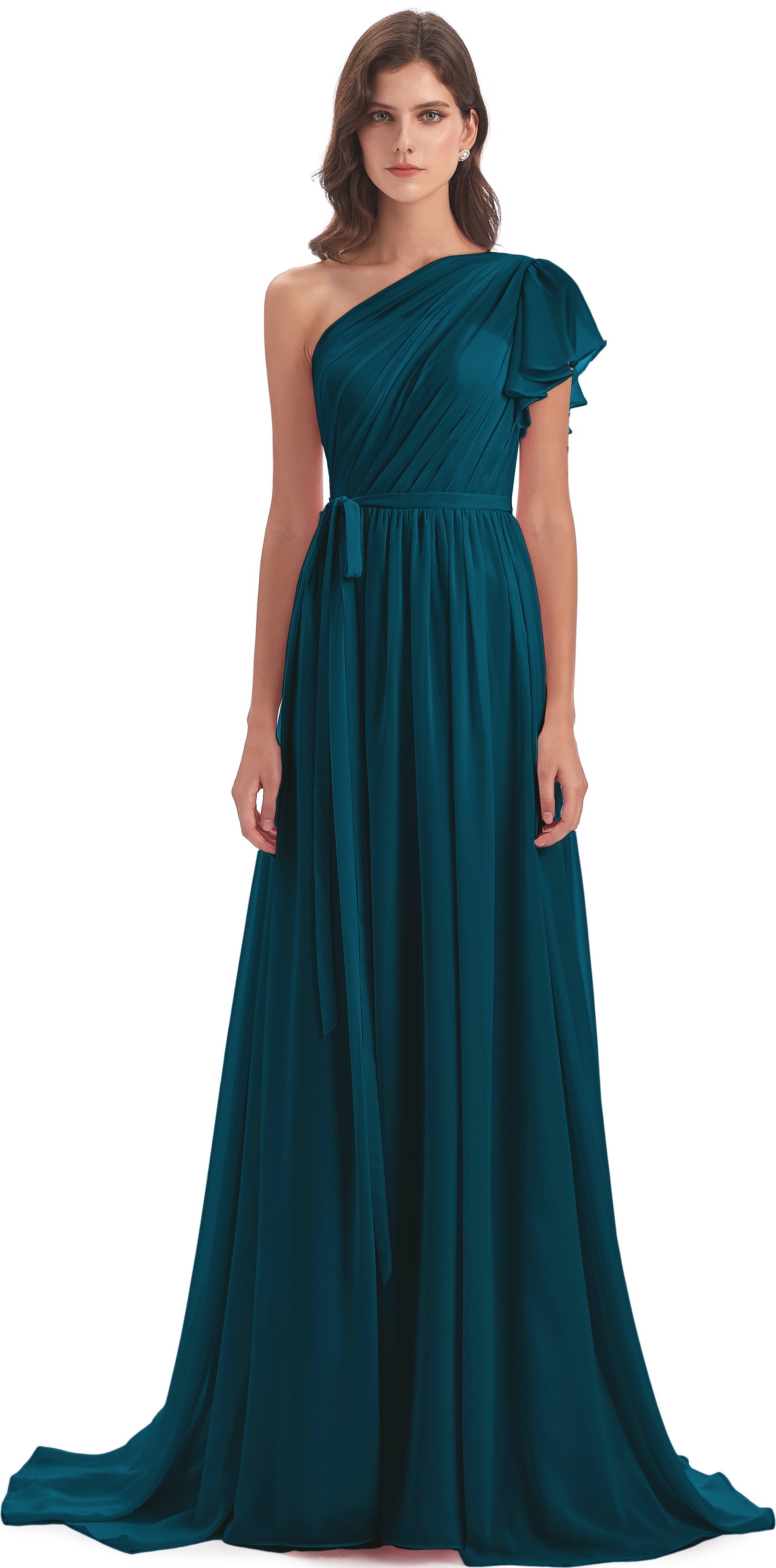 Robes De Demoiselle D'Honneur Bleu Encre Balayage/Pinceau Traîne Seule-Épaule Robes Demoiselle D'Honneur