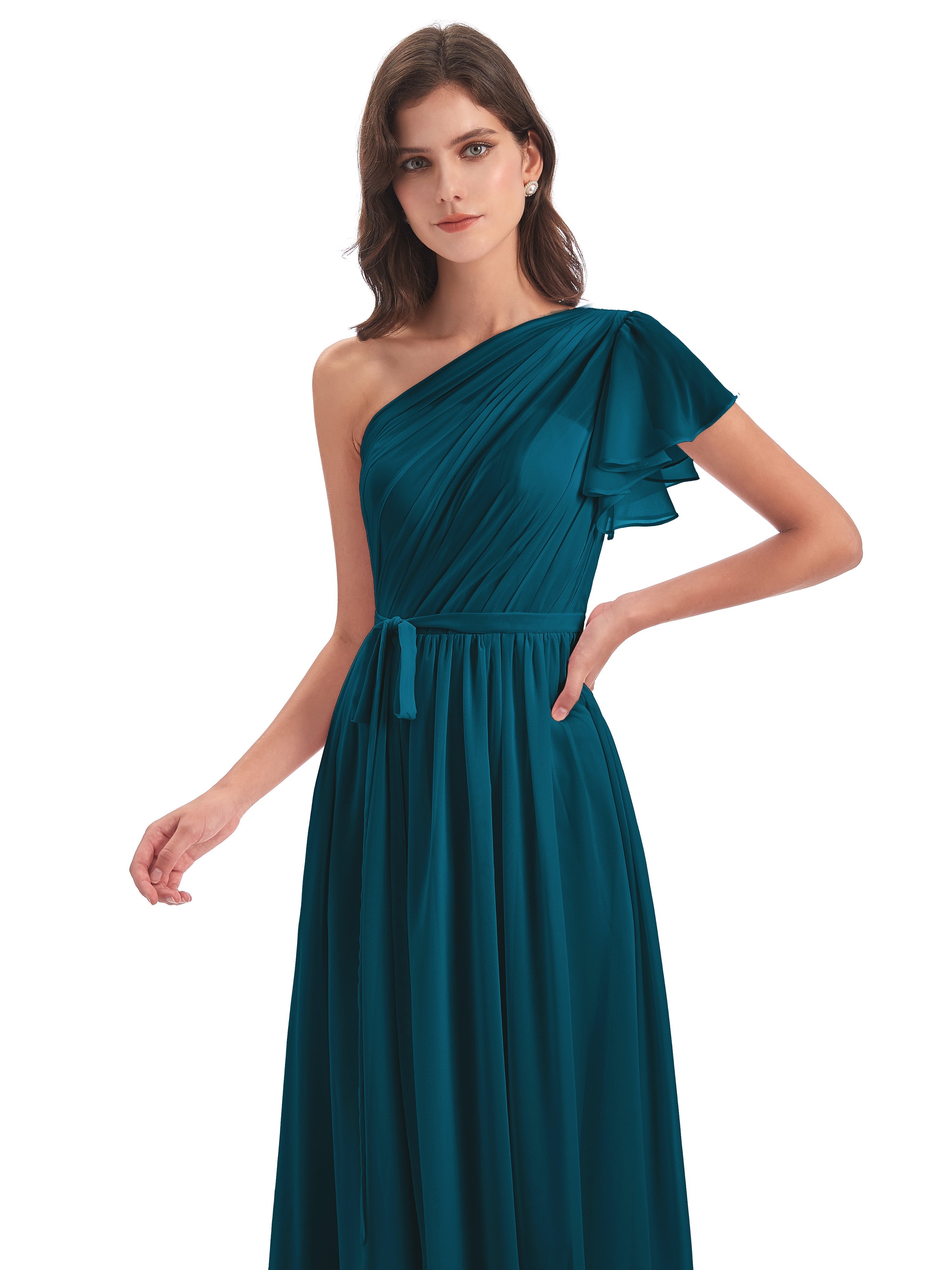 Robes De Demoiselle D'Honneur Bleu Encre Balayage/Pinceau Traîne Seule-Épaule Robes Demoiselle D'Honneur