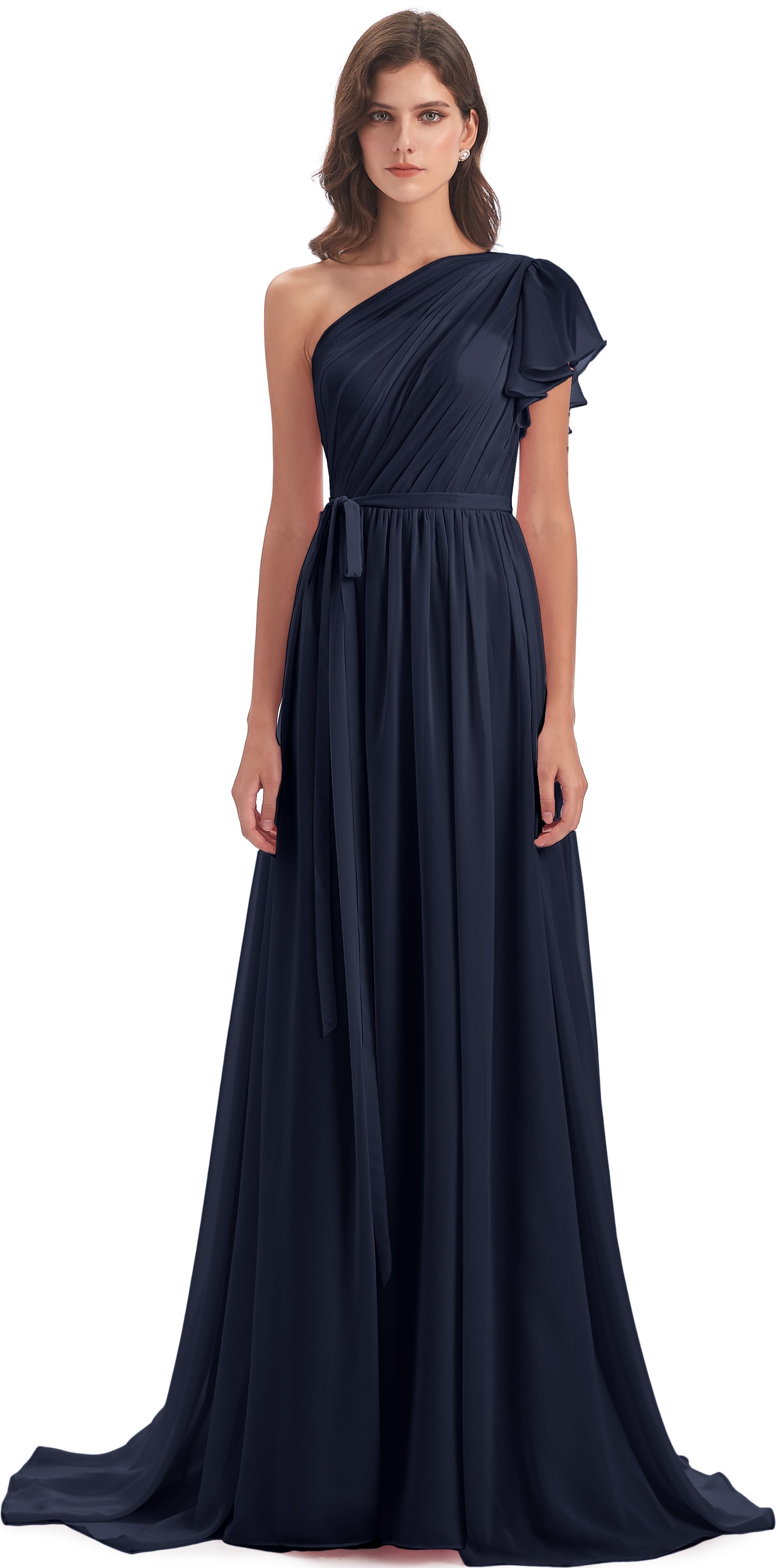 Demoiselle D'Honneur Bleu Marine Balayage/Pinceau Traîne Seule-Épaule Robes Demoiselle D'Honneur