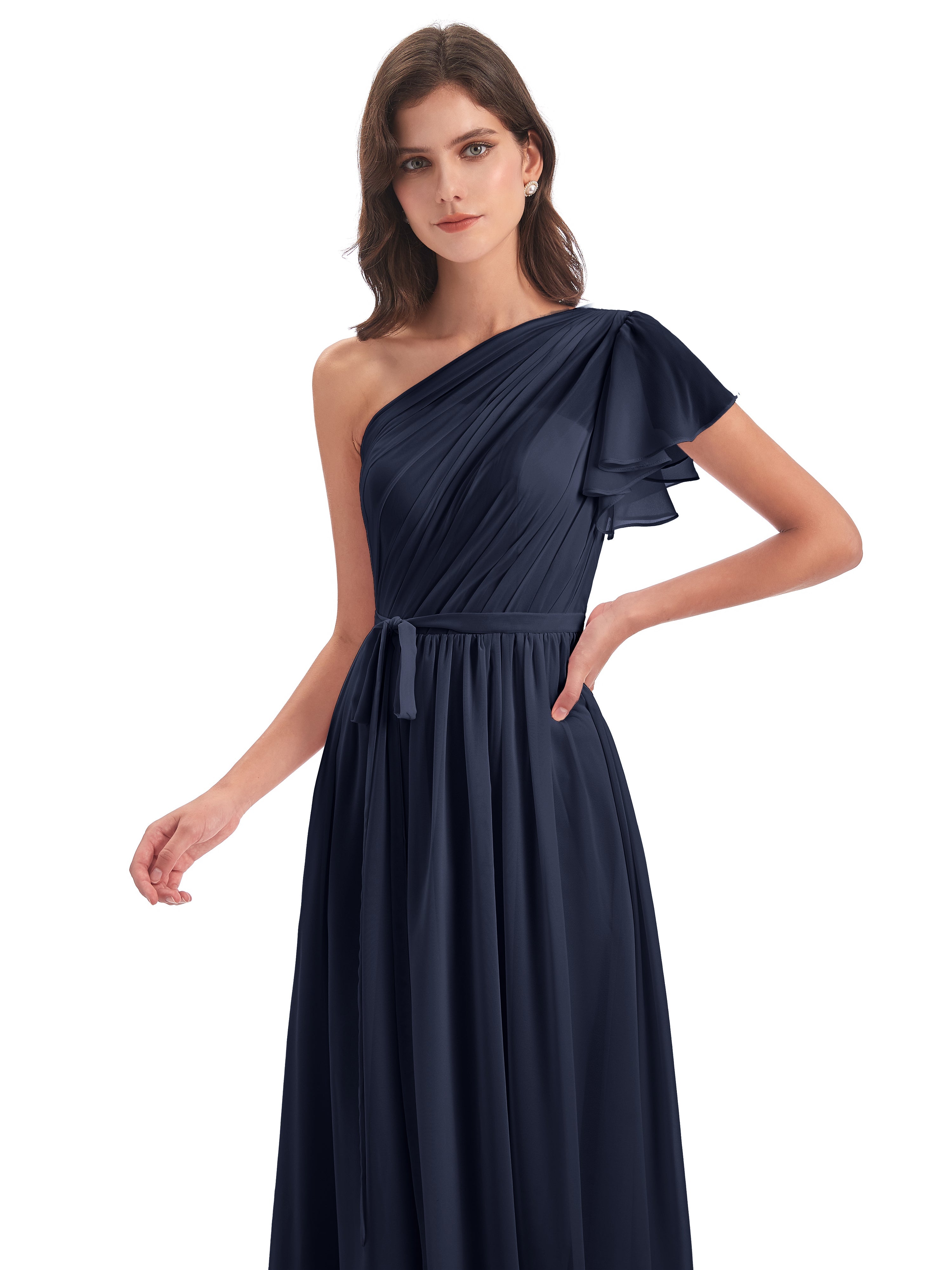 Demoiselle D'Honneur Bleu Marine Balayage/Pinceau Traîne Seule-Épaule Robes Demoiselle D'Honneur