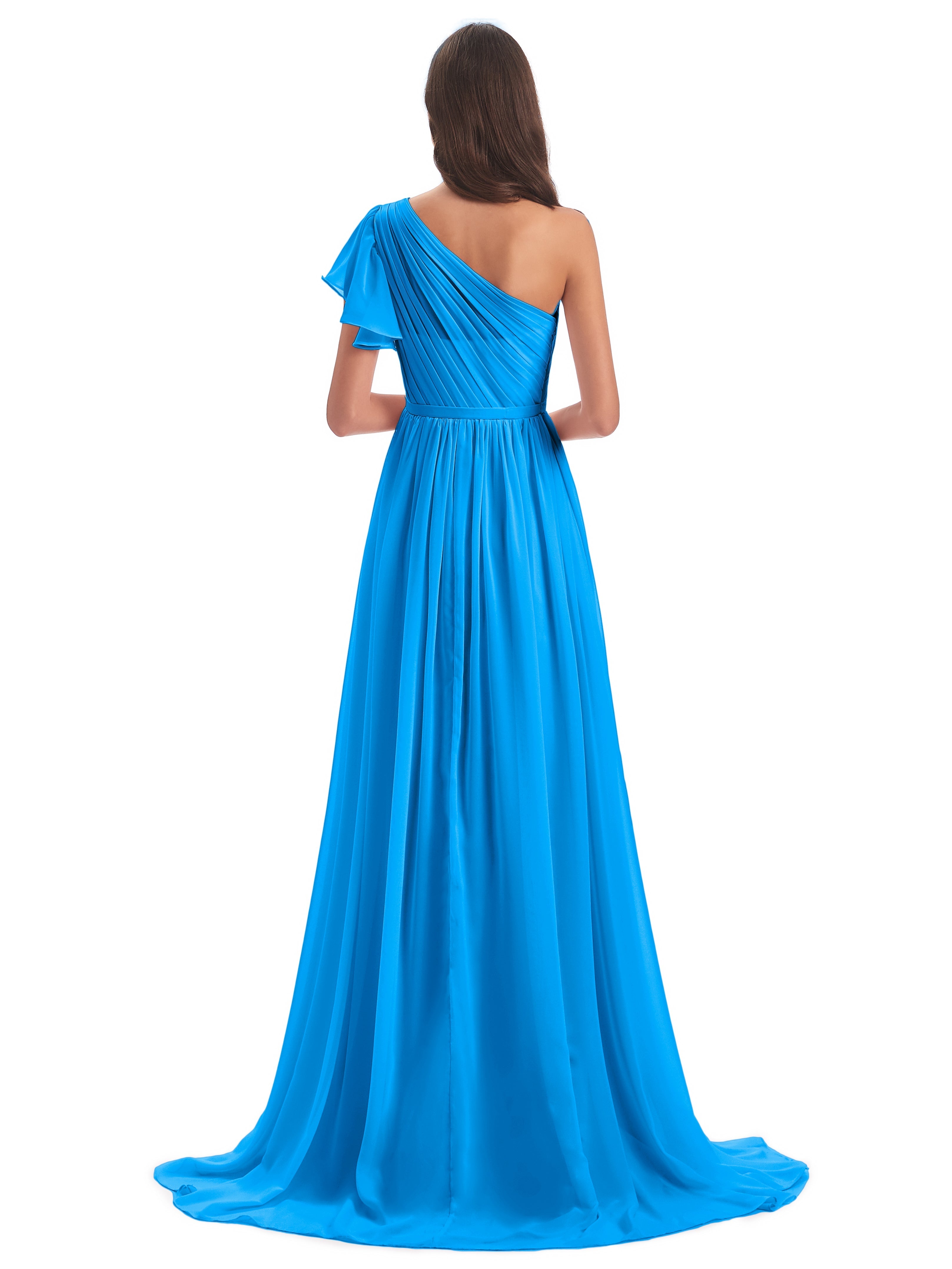 Robes De Demoiselle D'Honneur Bleu Océan Balayage/Pinceau Traîne Seule-Épaule Robes Demoiselle D'Honneur