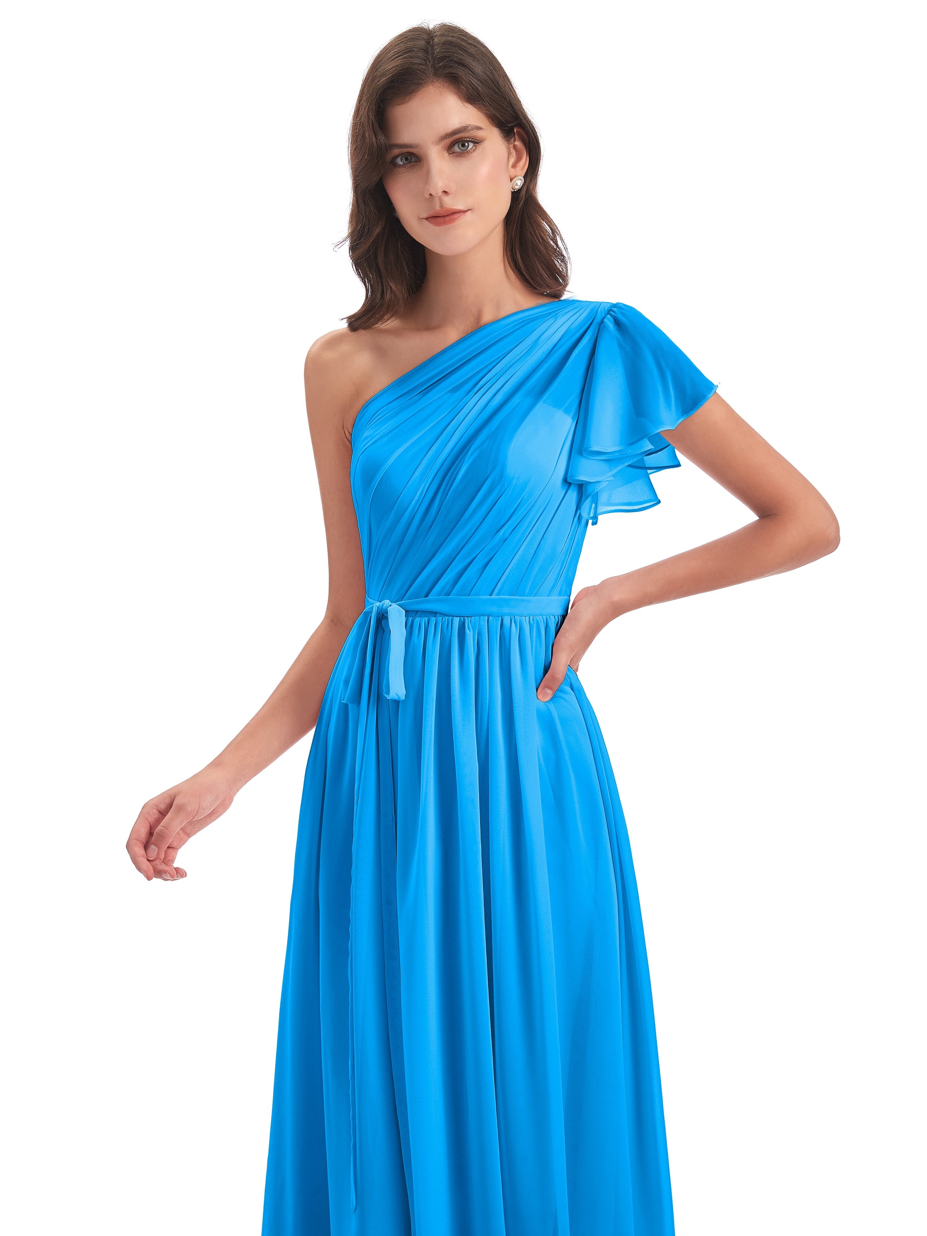 Robes De Demoiselle D'Honneur Bleu Océan Balayage/Pinceau Traîne Seule-Épaule Robes Demoiselle D'Honneur