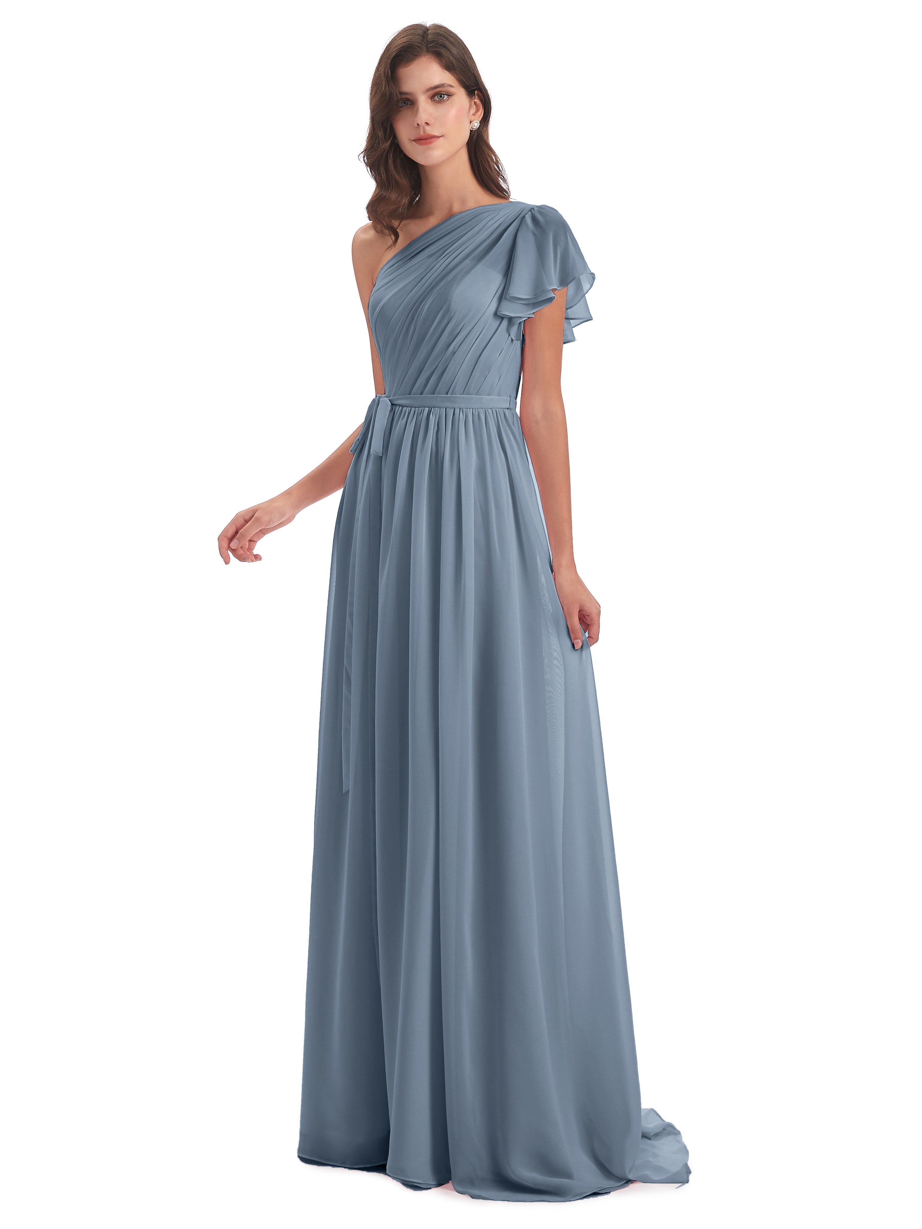Robes De Demoiselle D'Honneur Bleu Poudre Balayage/Pinceau Traîne Seule-Épaule Robes Demoiselle D'Honneur