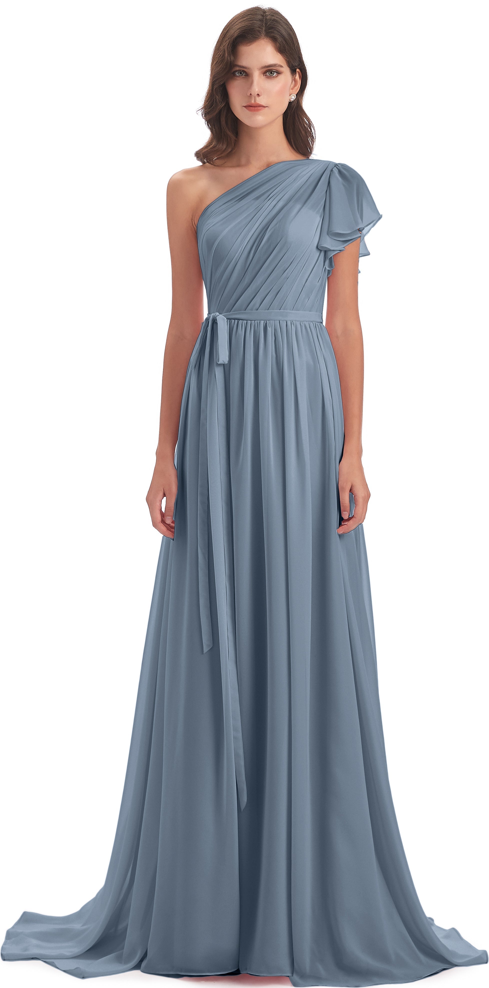 Robes De Demoiselle D'Honneur Bleu Poudre Balayage/Pinceau Traîne Seule-Épaule Robes Demoiselle D'Honneur