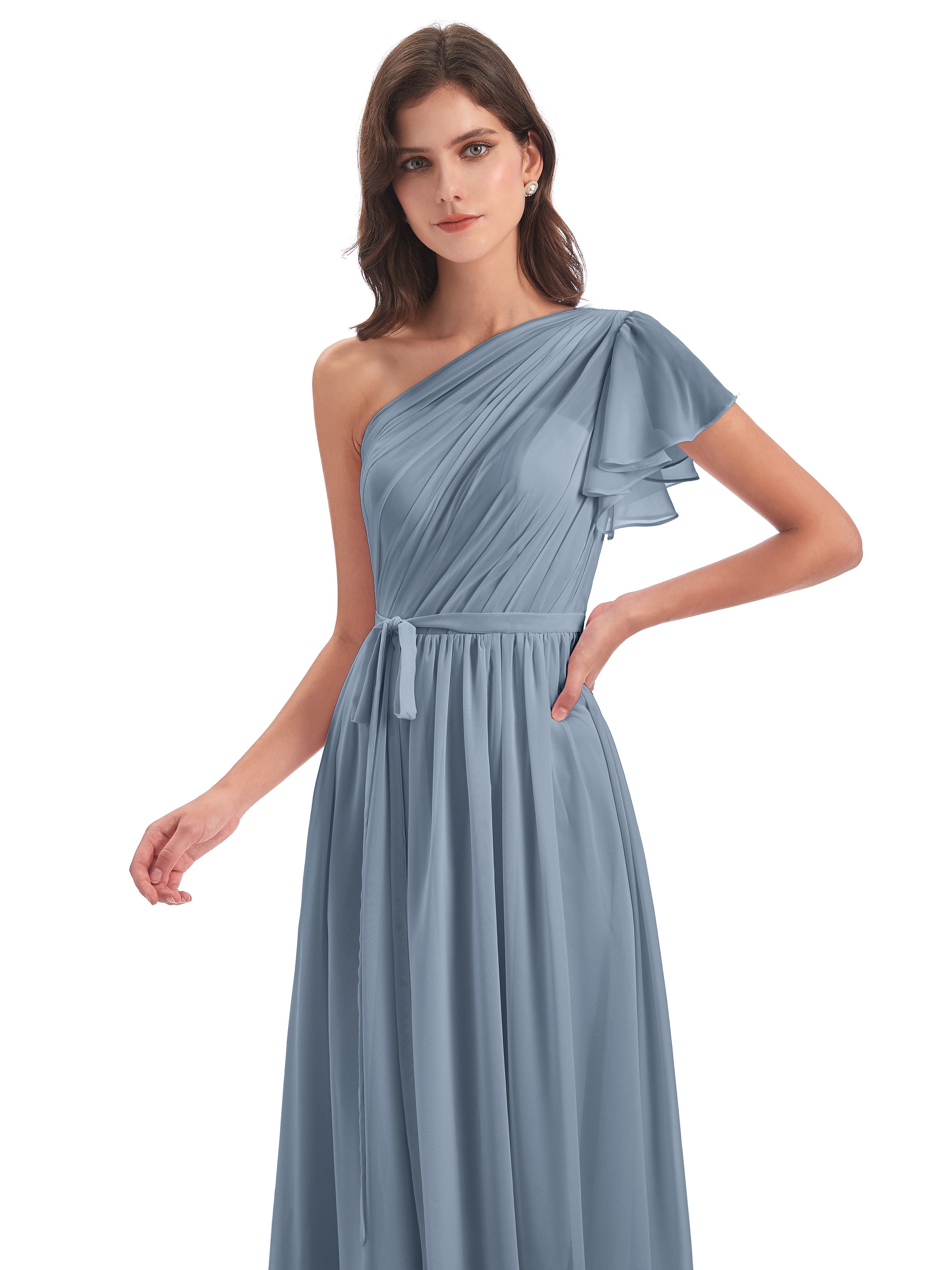 Robes De Demoiselle D'Honneur Bleu Poudre Balayage/Pinceau Traîne Seule-Épaule Robes Demoiselle D'Honneur