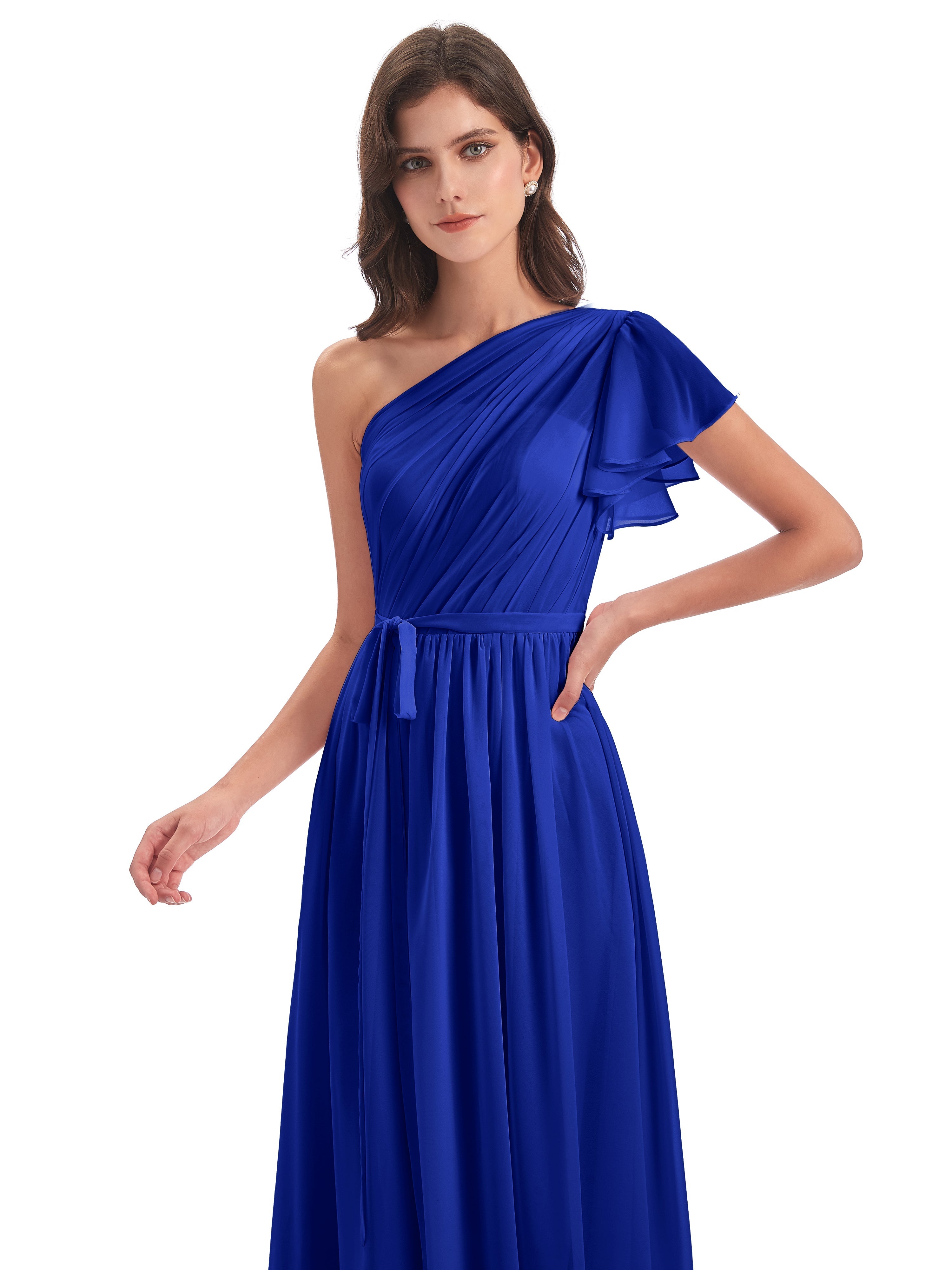 Robe Bleu Roi Demoiselle D Honneur Balayage/Pinceau Traîne Seule-Épaule Robes Demoiselle D'Honneur
