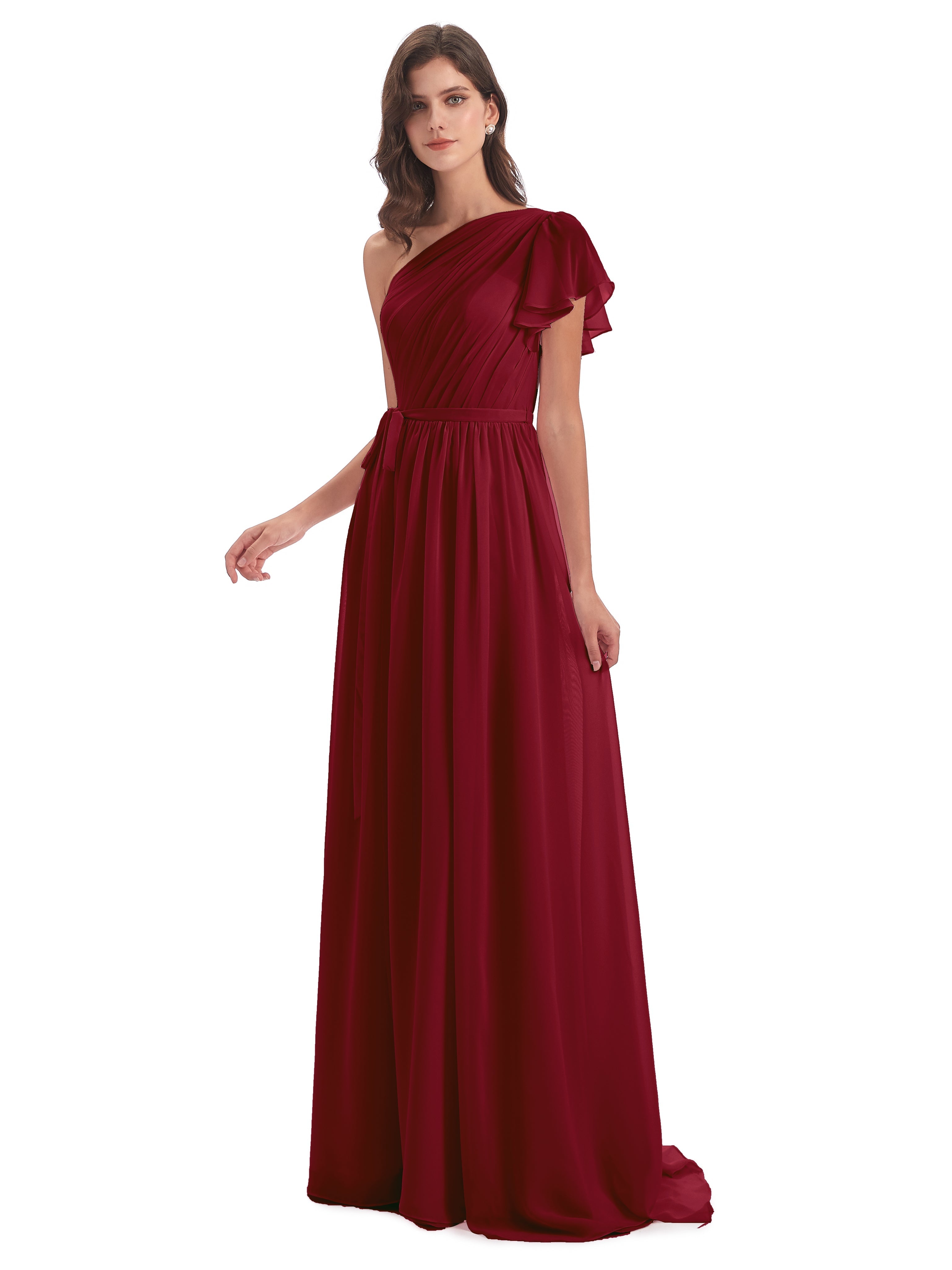 Robe Bordeaux Demoiselle D Honneur Balayage/Pinceau Traîne Seule-Épaule Robes Demoiselle D'Honneur