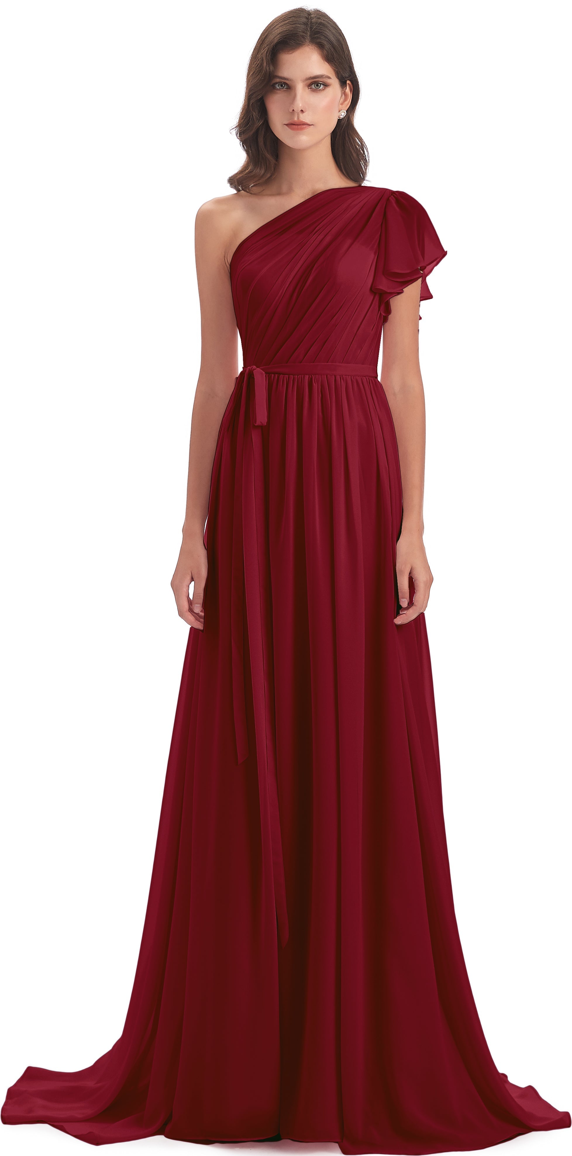 Robe Bordeaux Demoiselle D Honneur Balayage/Pinceau Traîne Seule-Épaule Robes Demoiselle D'Honneur