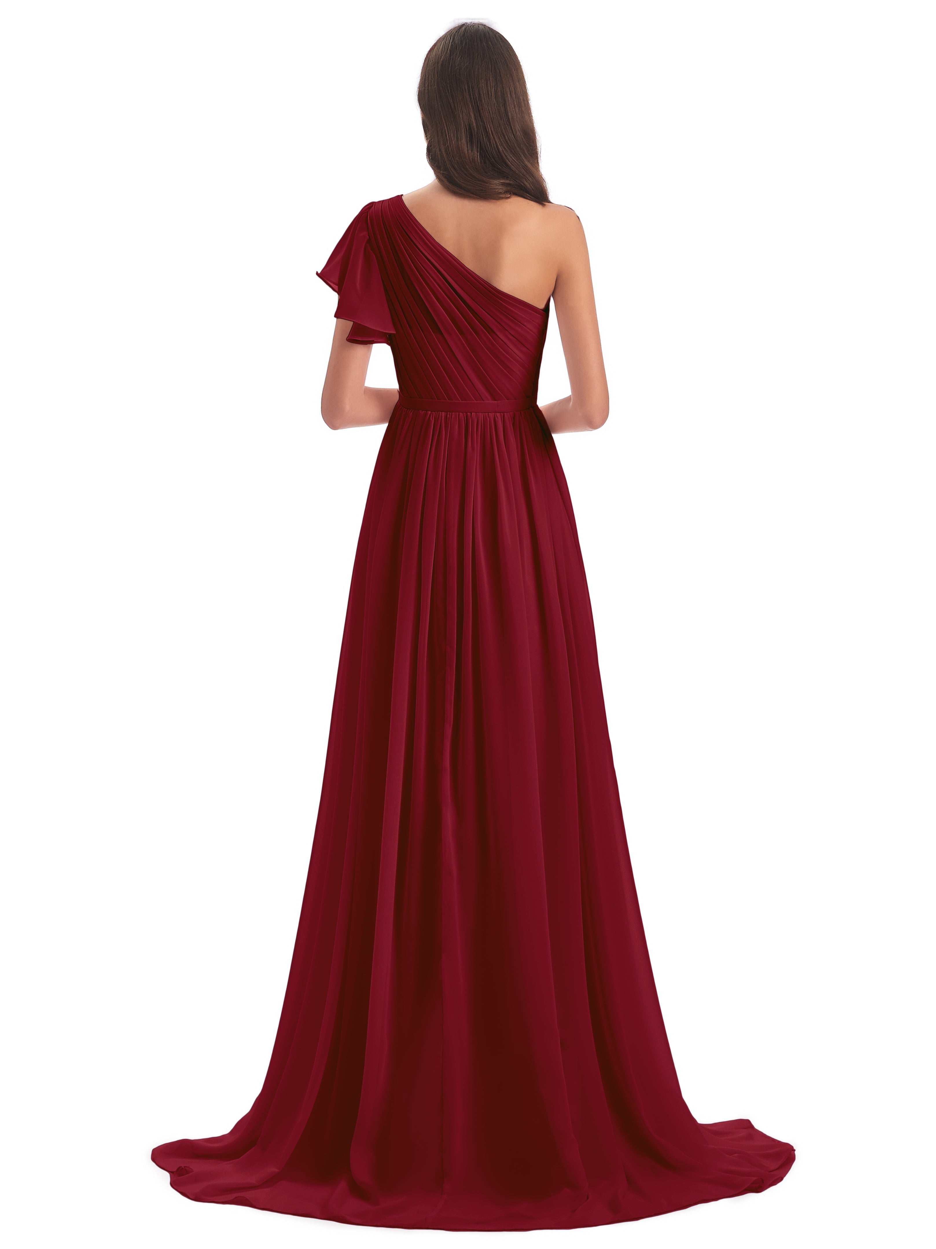 Robe Bordeaux Demoiselle D Honneur Balayage/Pinceau Traîne Seule-Épaule Robes Demoiselle D'Honneur