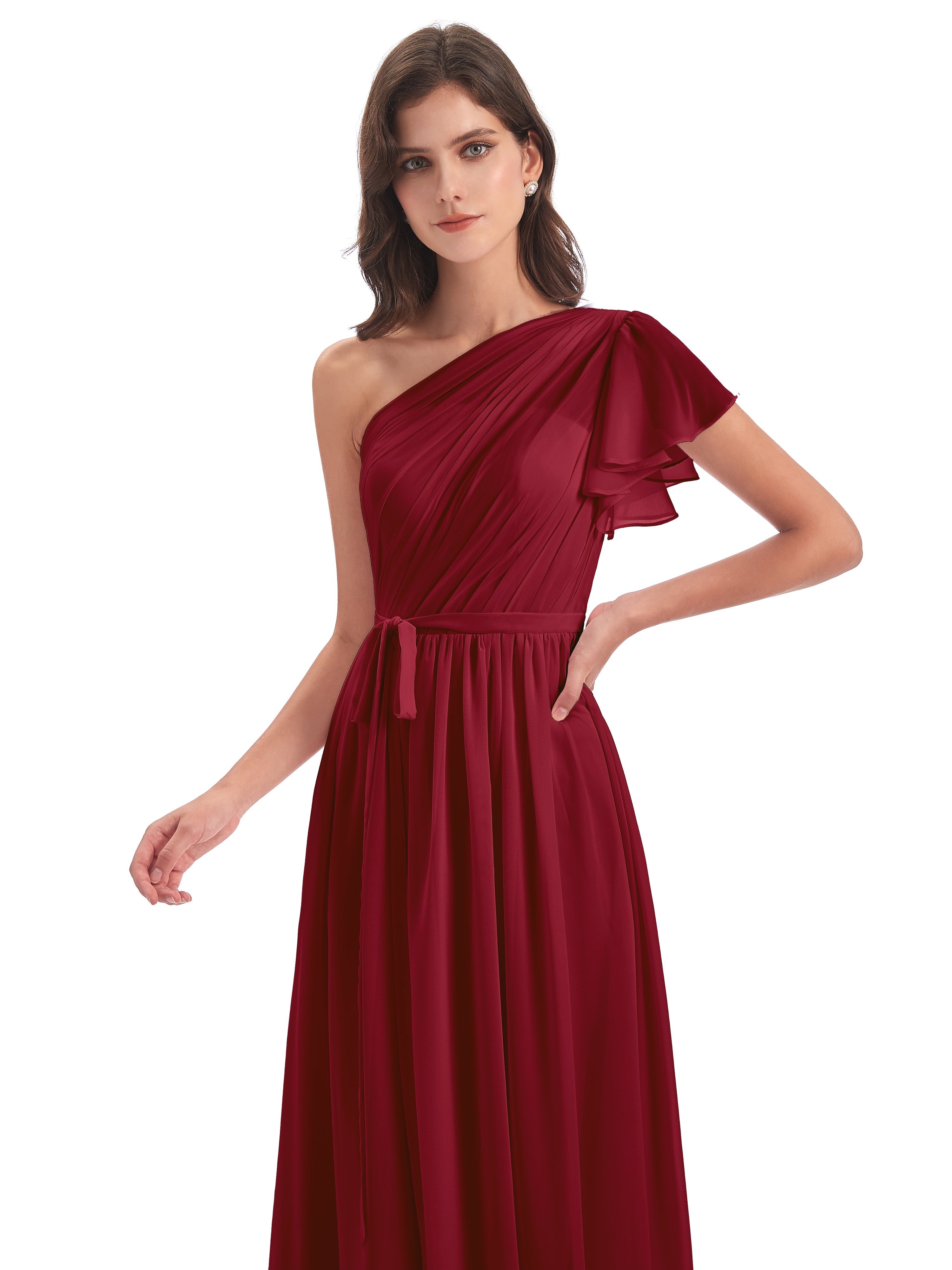 Robe Bordeaux Demoiselle D Honneur Balayage/Pinceau Traîne Seule-Épaule Robes Demoiselle D'Honneur
