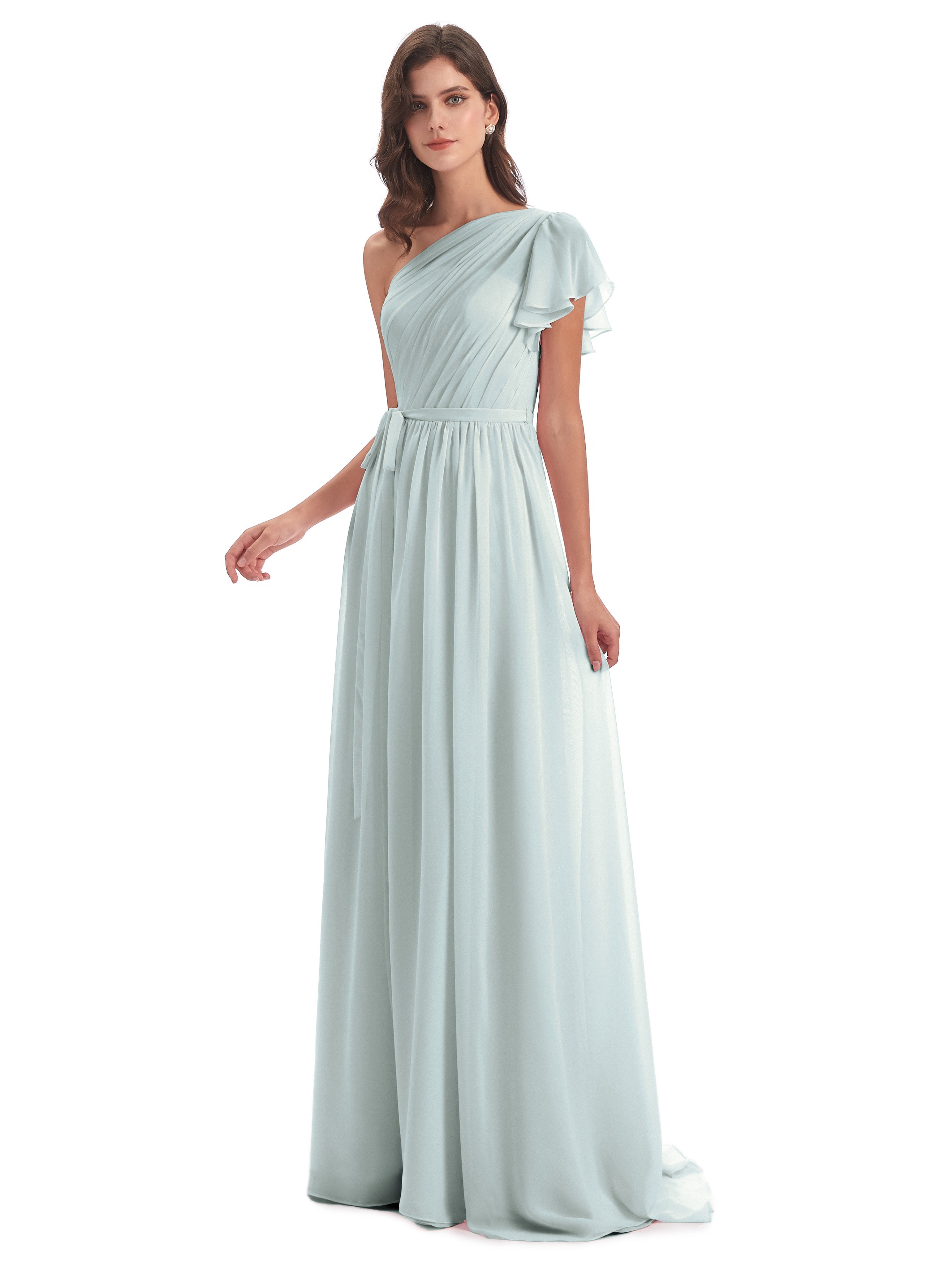 Robe Demoiselle D Honneur Vert Celadon Balayage/Pinceau Traîne Seule-Épaule Robes Demoiselle D'Honneur