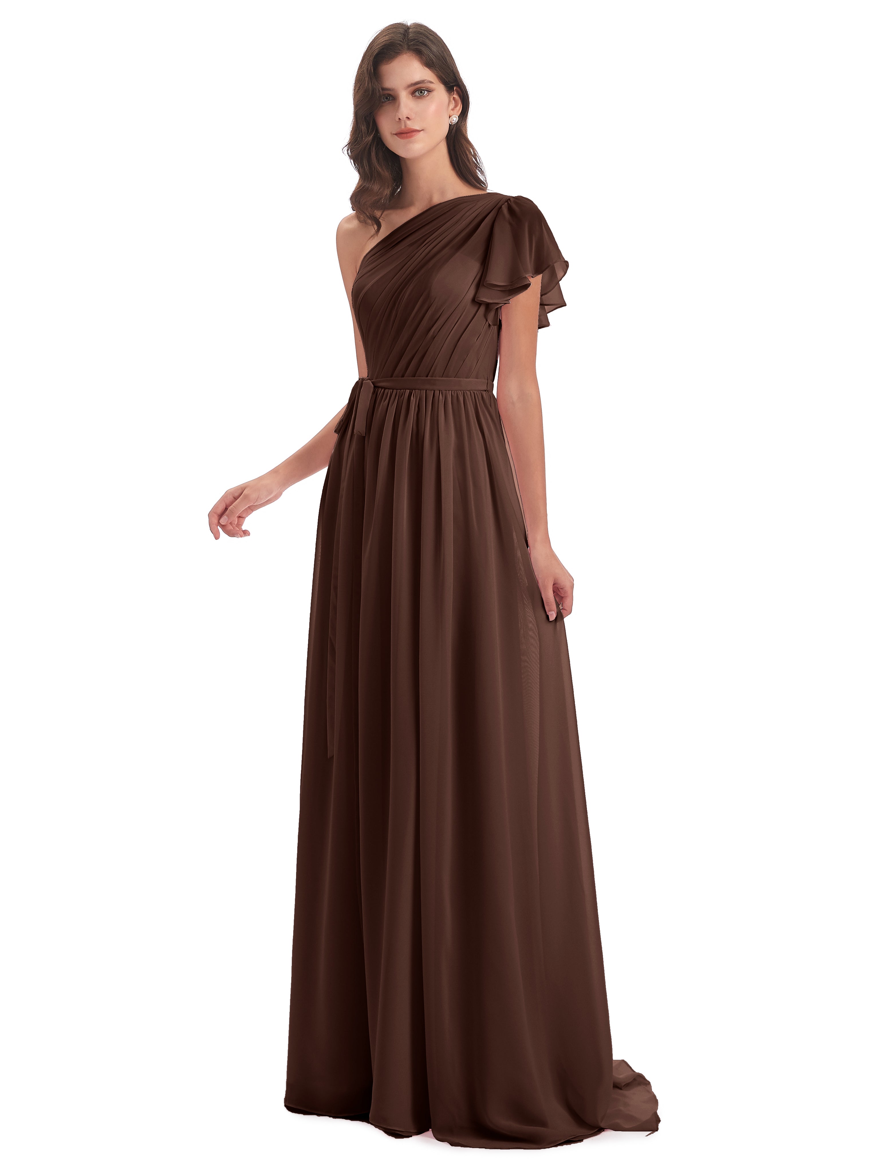 Robe Demoiselle D Honneur Chocolat Balayage/Pinceau Traîne Seule-Épaule Robes Demoiselle D'Honneur