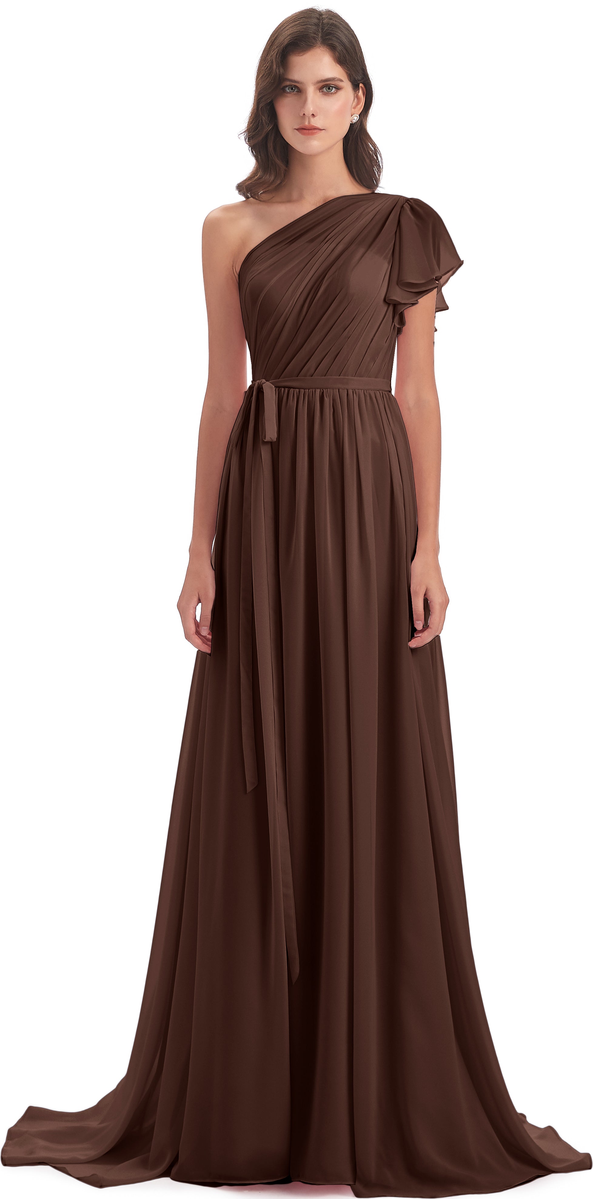 Robe Demoiselle D Honneur Chocolat Balayage/Pinceau Traîne Seule-Épaule Robes Demoiselle D'Honneur