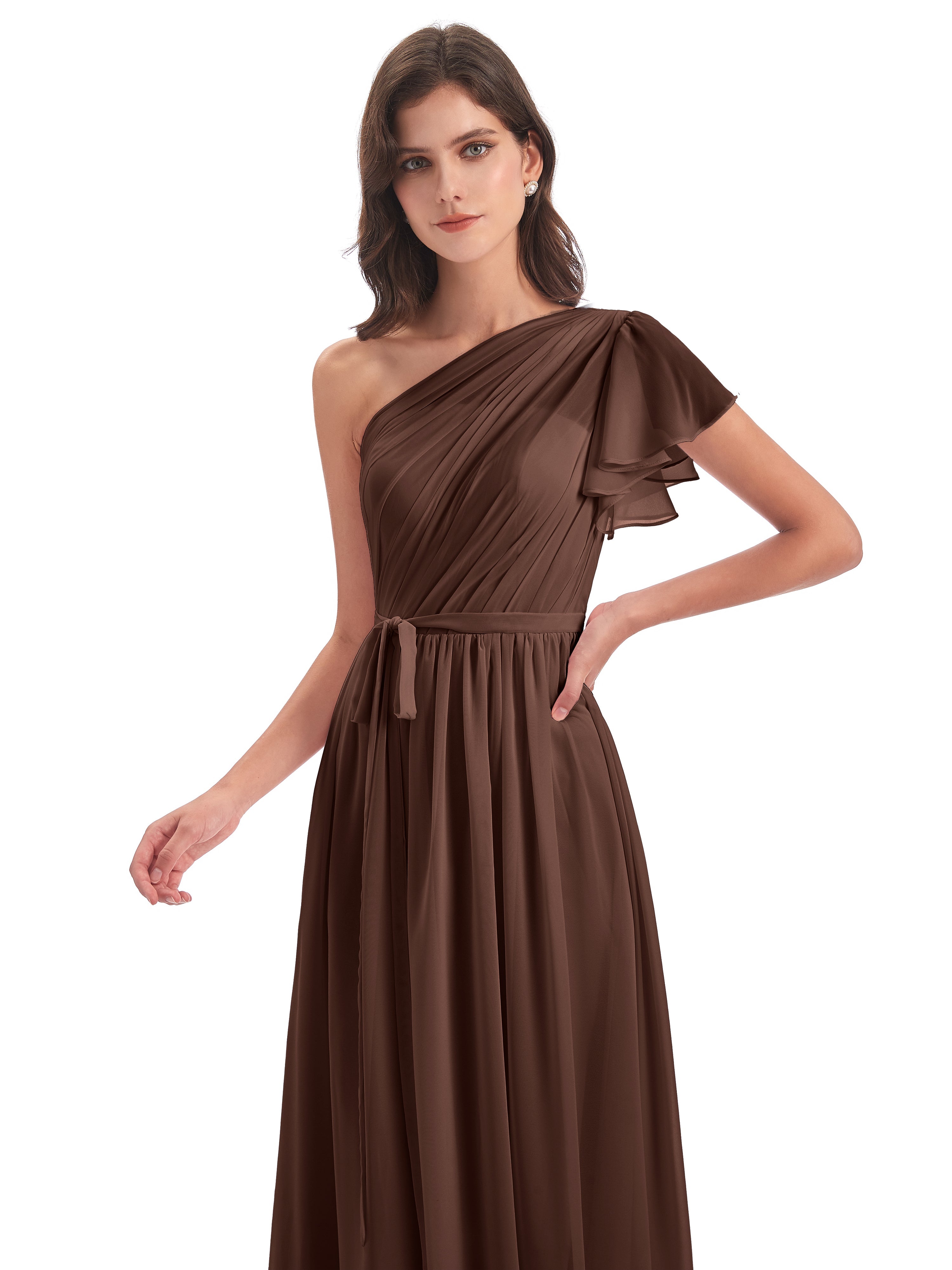 Robe Demoiselle D Honneur Chocolat Balayage/Pinceau Traîne Seule-Épaule Robes Demoiselle D'Honneur