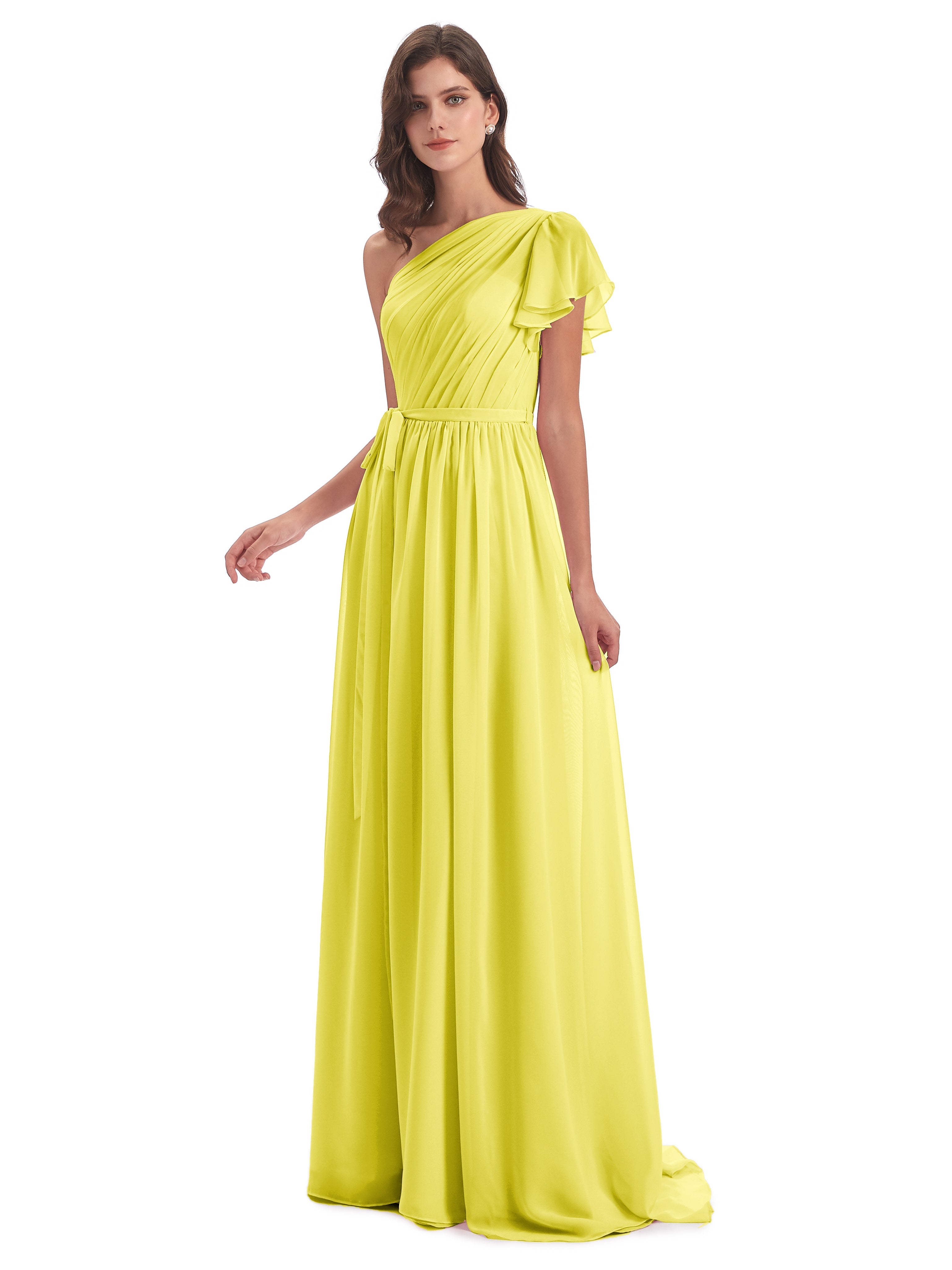 Robes De Demoiselle D'Honneur Citron Balayage/Pinceau Traîne Seule-Épaule Robes Demoiselle D'Honneur