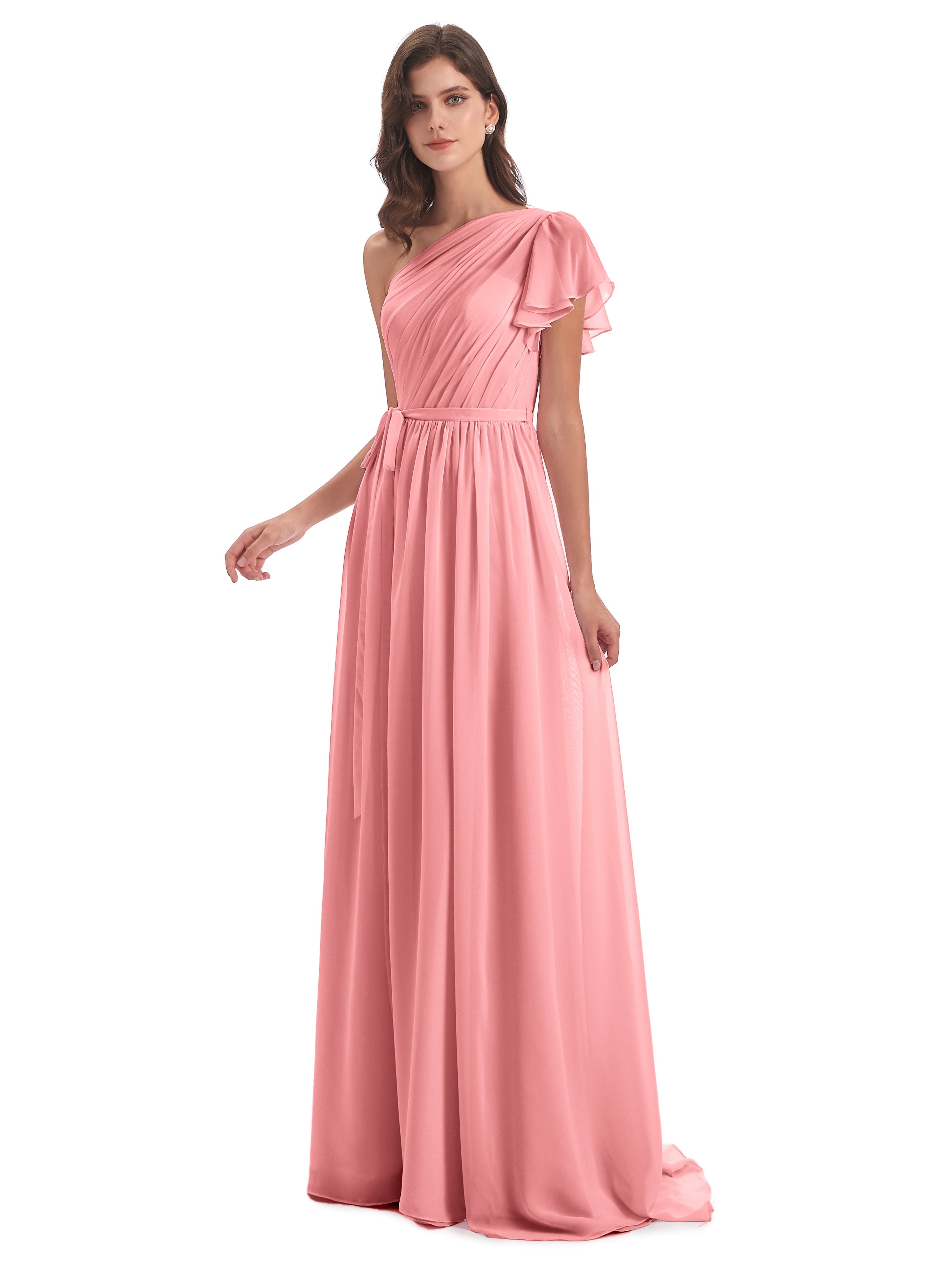 Robes De Demoiselle D'Honneur En Flamant Balayage/Pinceau Traîne Seule-Épaule Robes Demoiselle D'Honneur