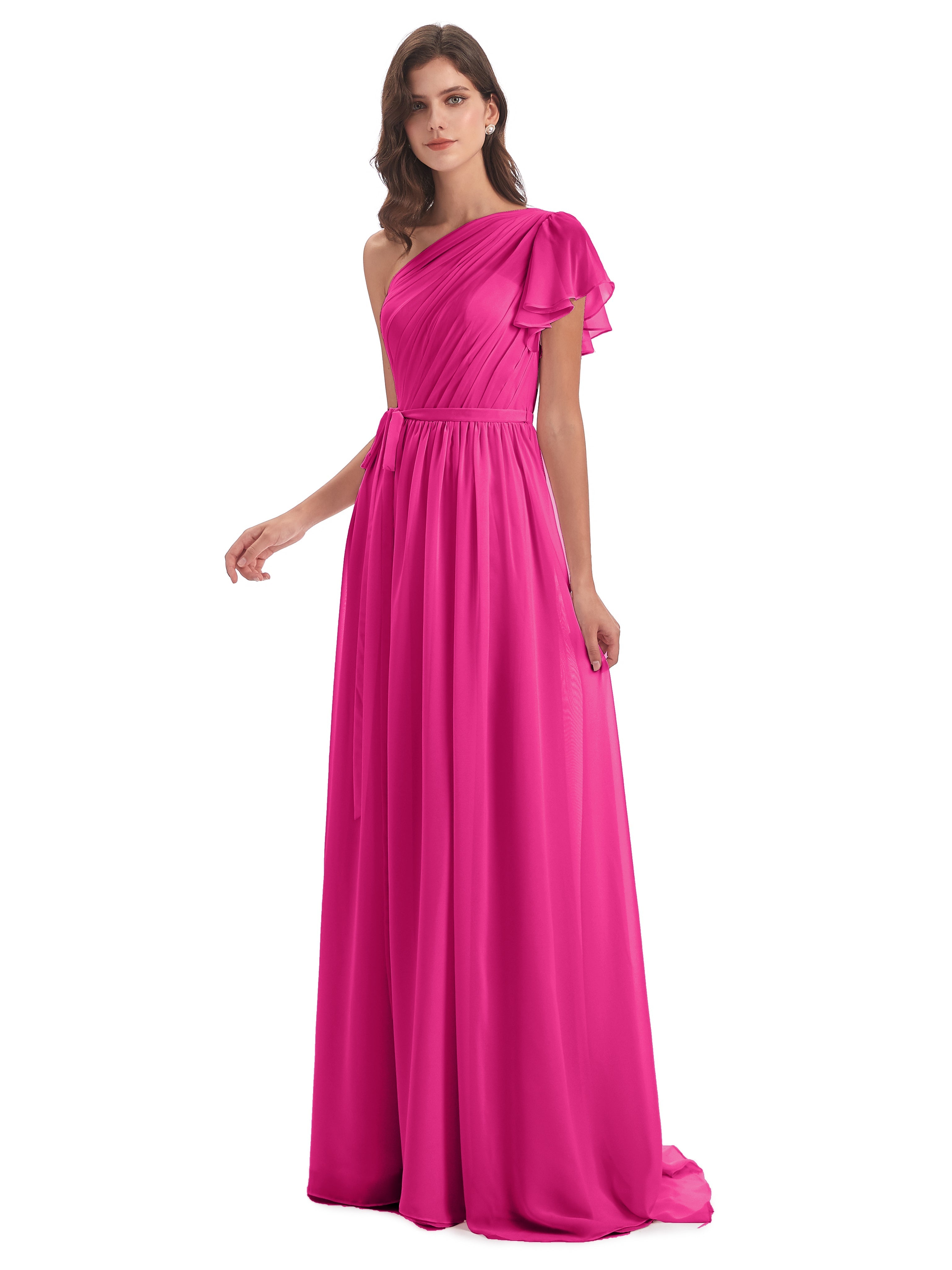 Robe Rose Fuchsia Demoiselle D Honneur Balayage/Pinceau Traîne Seule-Épaule Robes Demoiselle D'Honneur