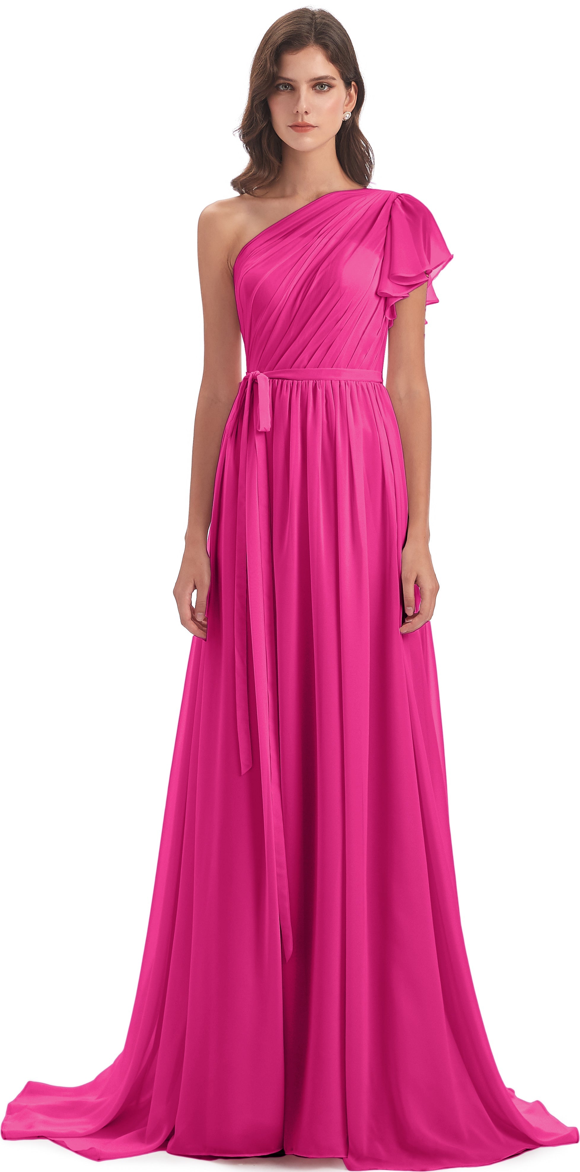 Robe Rose Fuchsia Demoiselle D Honneur Balayage/Pinceau Traîne Seule-Épaule Robes Demoiselle D'Honneur