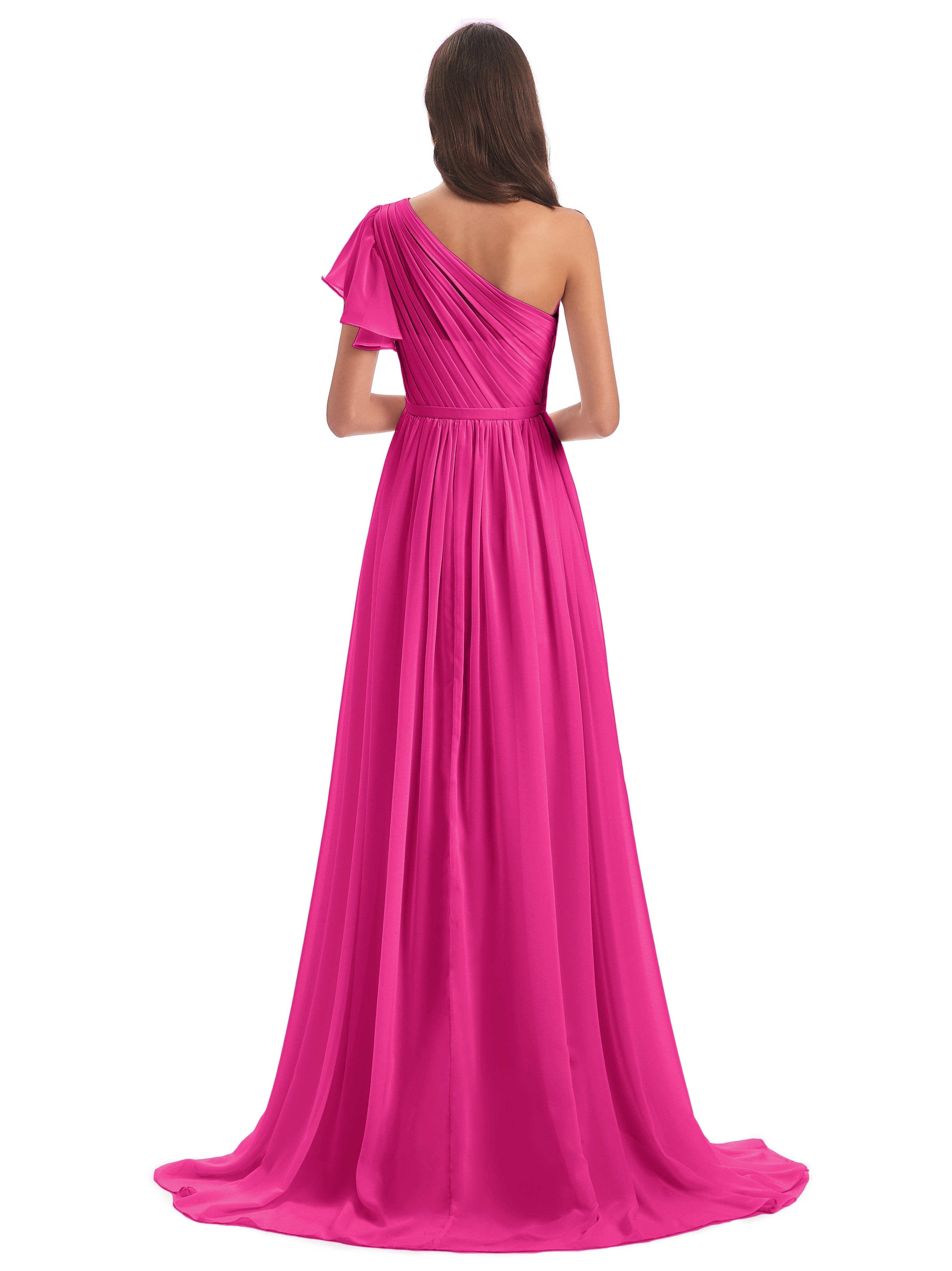 Robe Rose Fuchsia Demoiselle D Honneur Balayage/Pinceau Traîne Seule-Épaule Robes Demoiselle D'Honneur