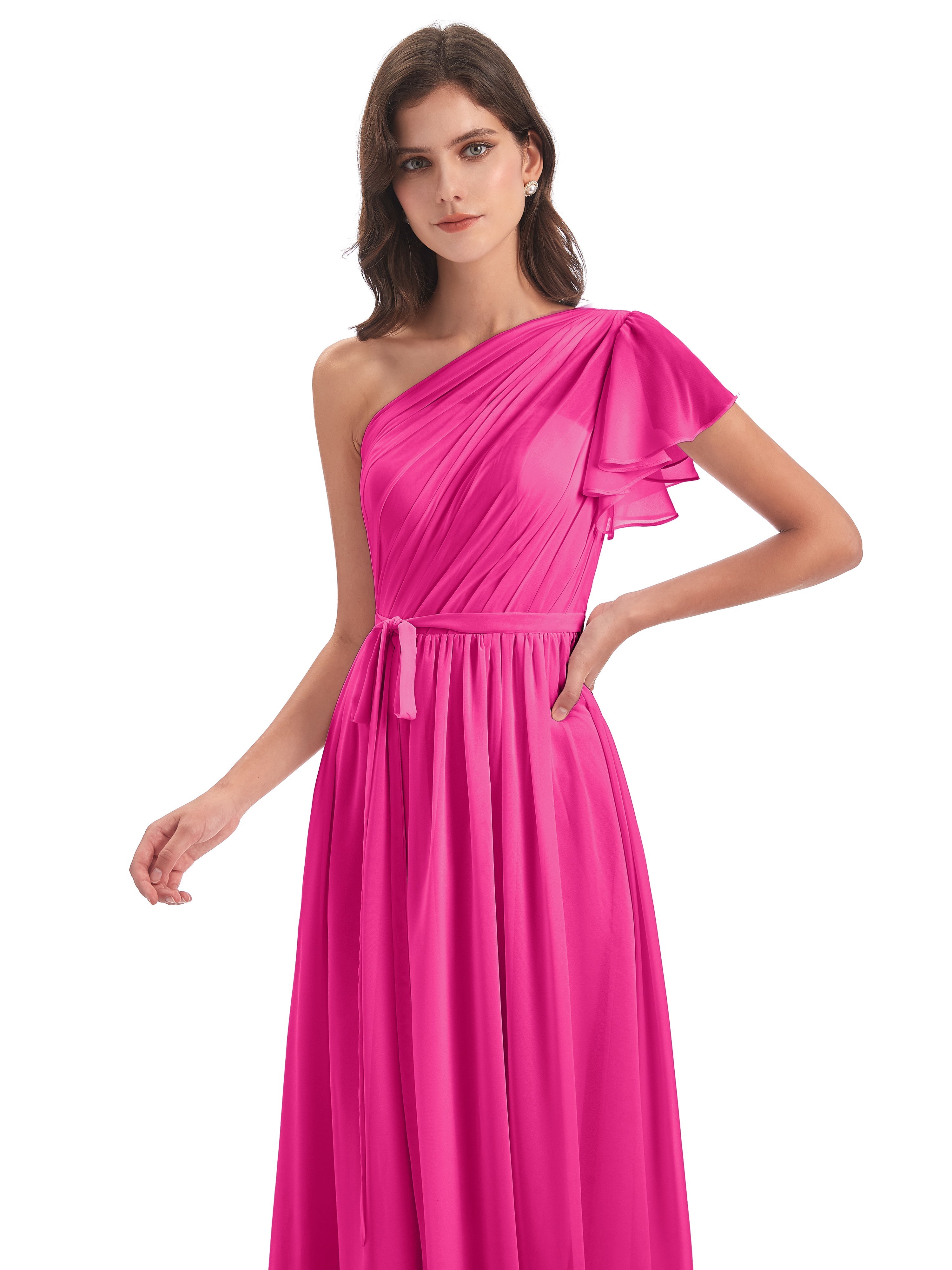 Robe Rose Fuchsia Demoiselle D Honneur Balayage/Pinceau Traîne Seule-Épaule Robes Demoiselle D'Honneur