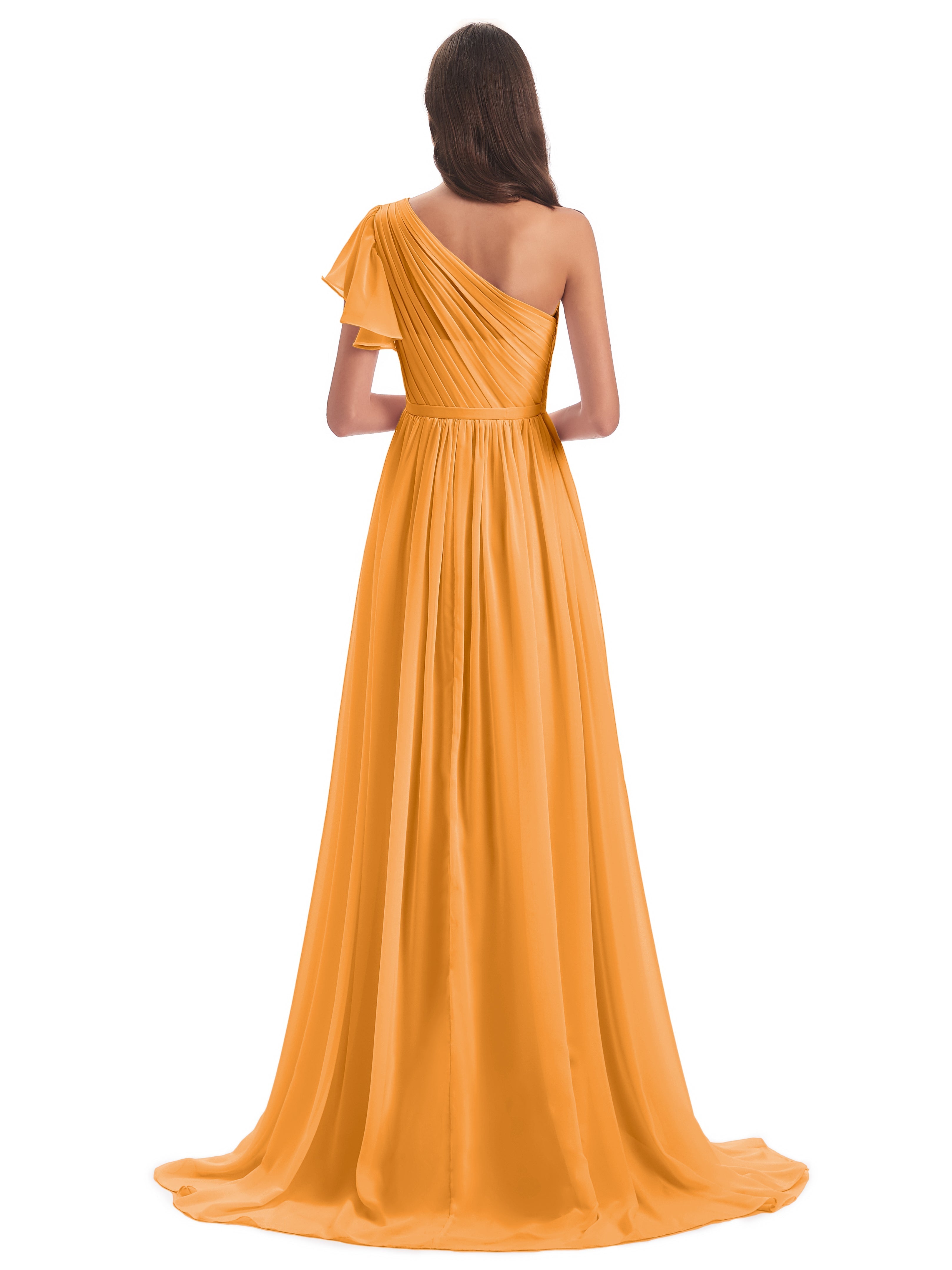 Robes De Demoiselle D'Honneur Mandarine Balayage/Pinceau Traîne Seule-Épaule Robes Demoiselle D'Honneur