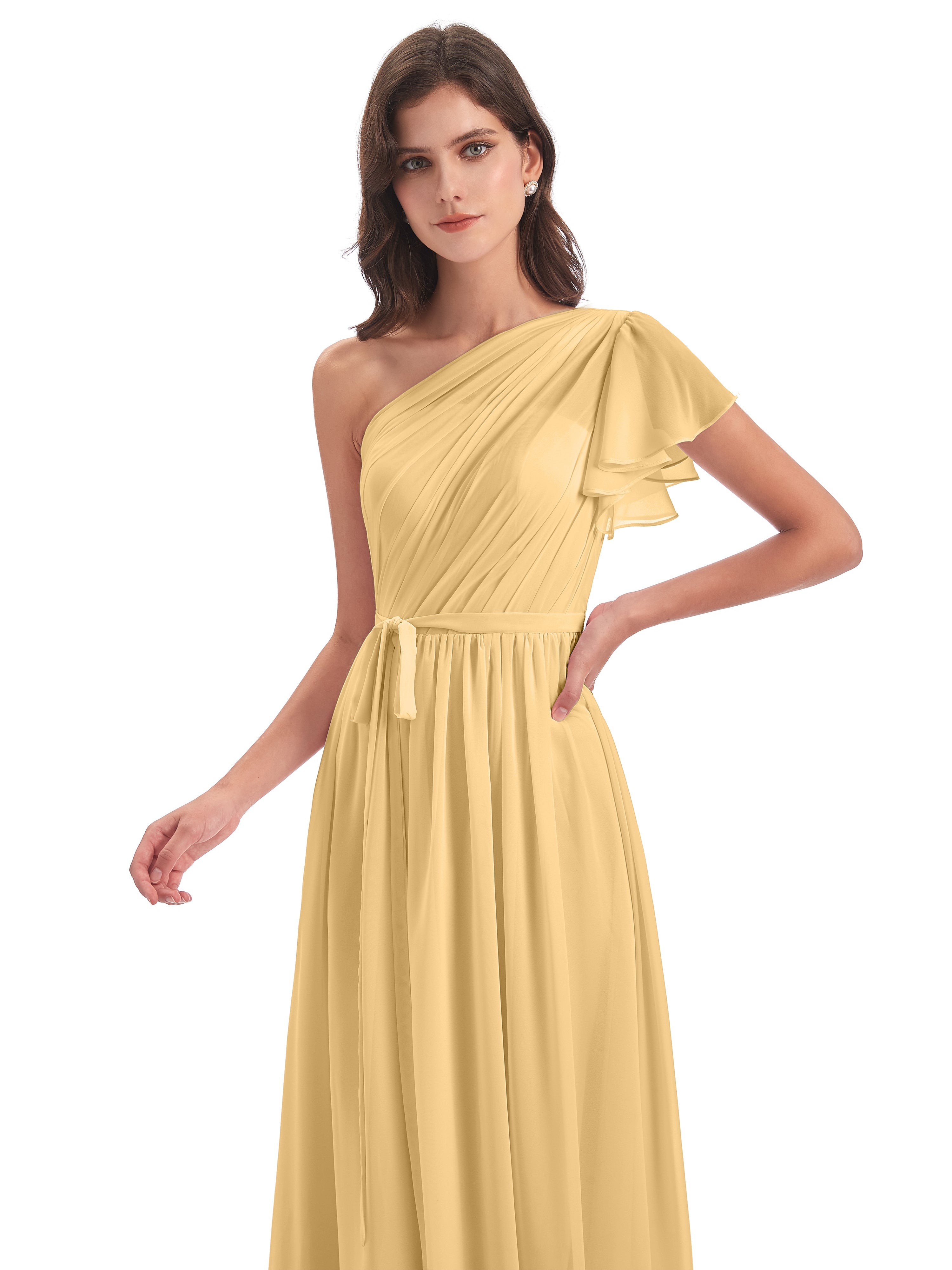 Robe Dorée Mariage Demoiselle D Honneur Balayage/Pinceau Traîne Seule-Épaule Robes Demoiselle D'Honneur
