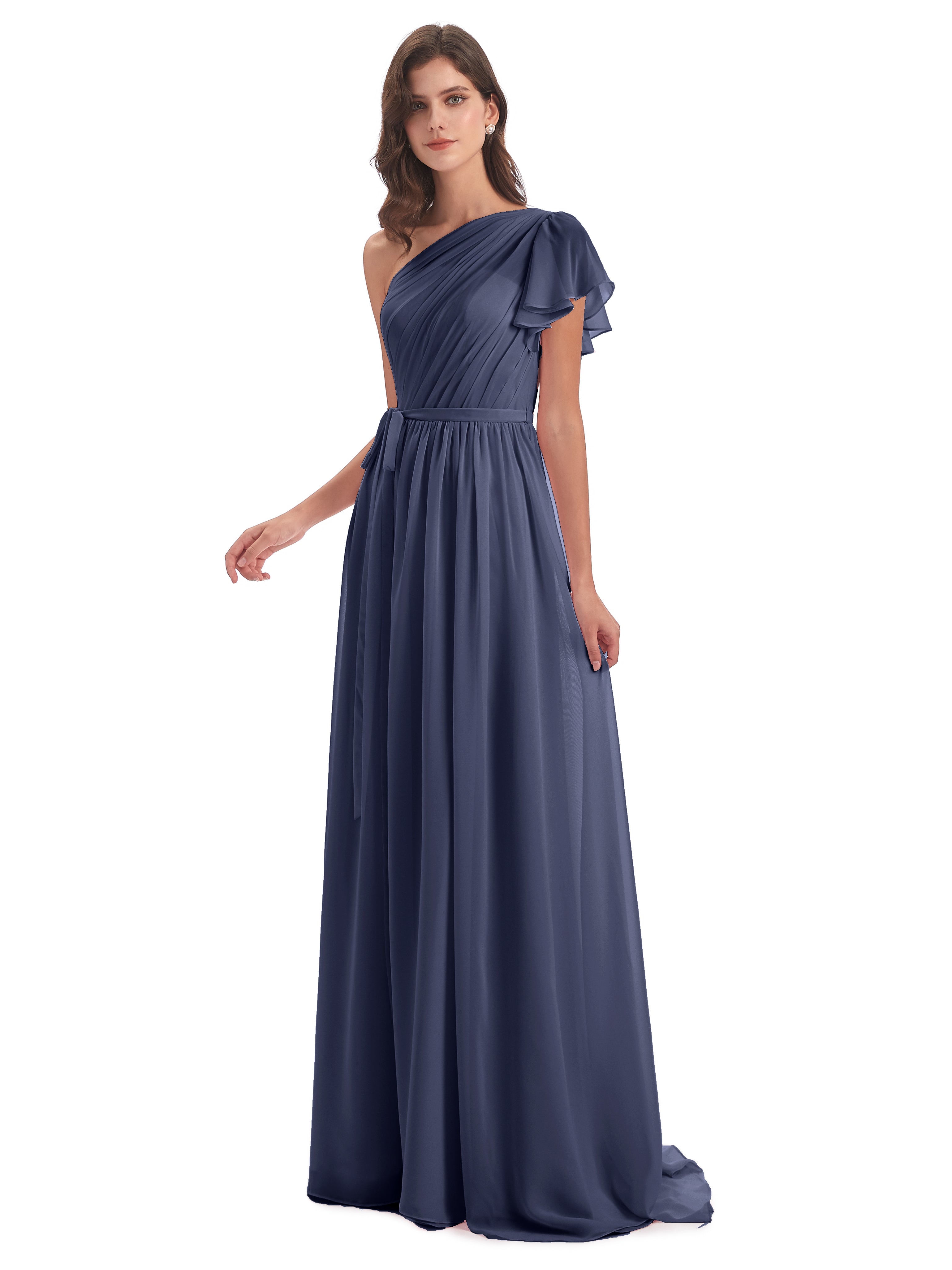 Robes De Demoiselle D'Honneur Bleu Orageux Balayage/Pinceau Traîne Seule-Épaule Robes Demoiselle D'Honneur