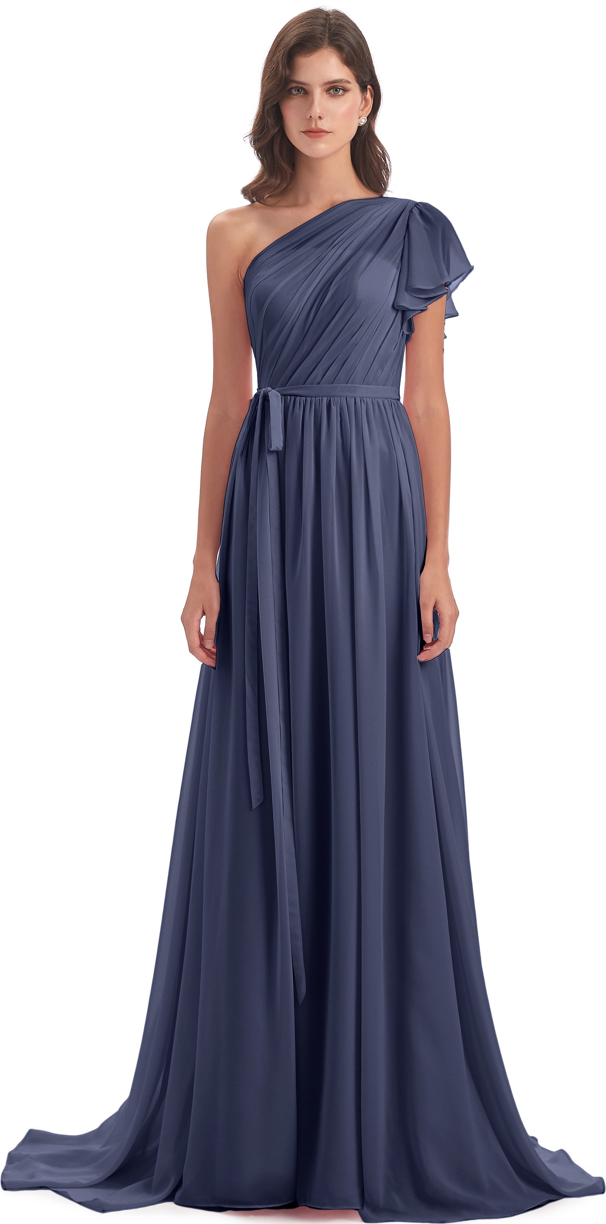 Robes De Demoiselle D'Honneur Bleu Orageux Balayage/Pinceau Traîne Seule-Épaule Robes Demoiselle D'Honneur