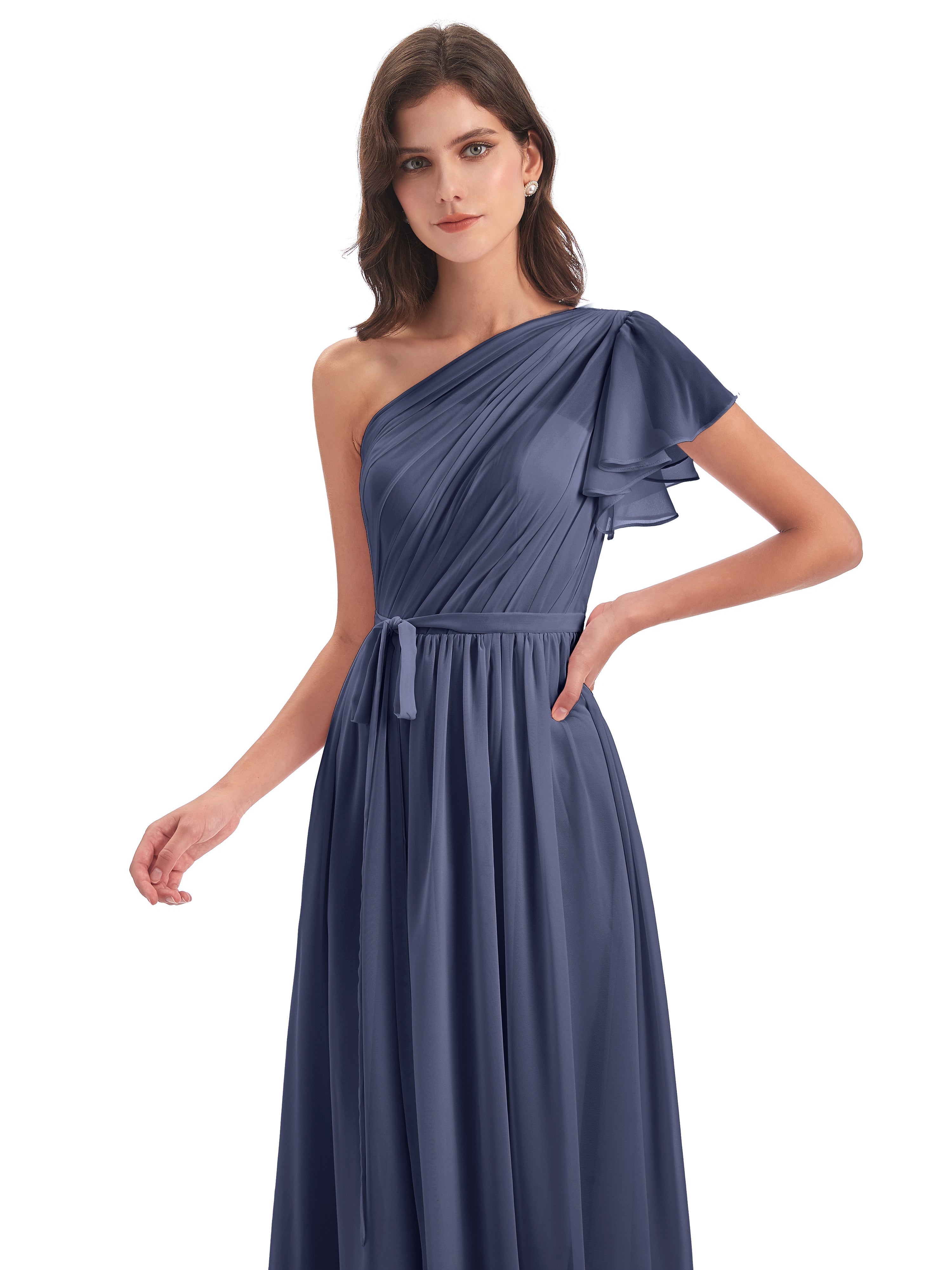 Robes De Demoiselle D'Honneur Bleu Orageux Balayage/Pinceau Traîne Seule-Épaule Robes Demoiselle D'Honneur