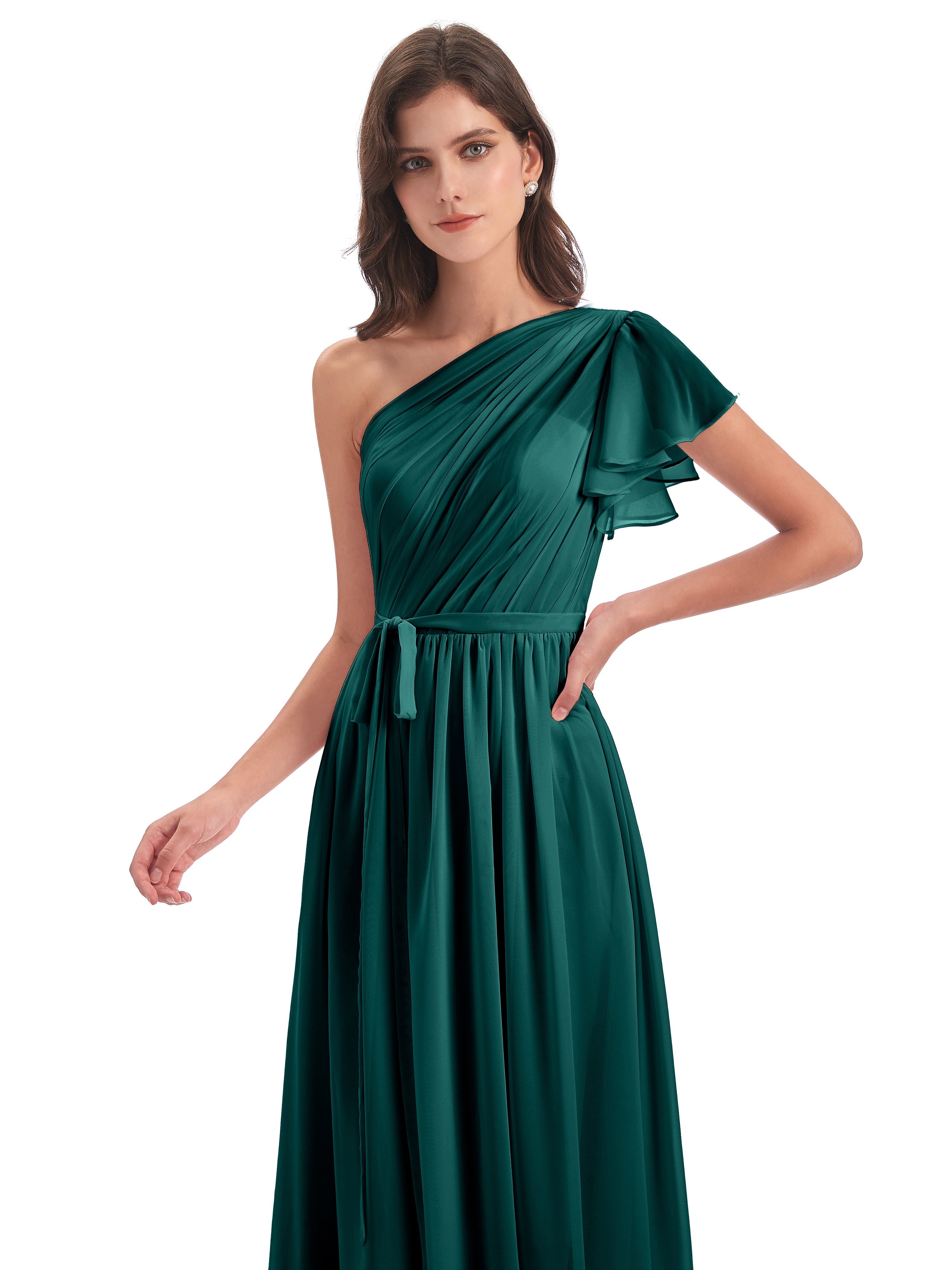 Robe De Demoiselle D'Honneur En Mousseline De Paon Balayage/Pinceau Traîne Seule-Épaule Robes Demoiselle D'Honneur