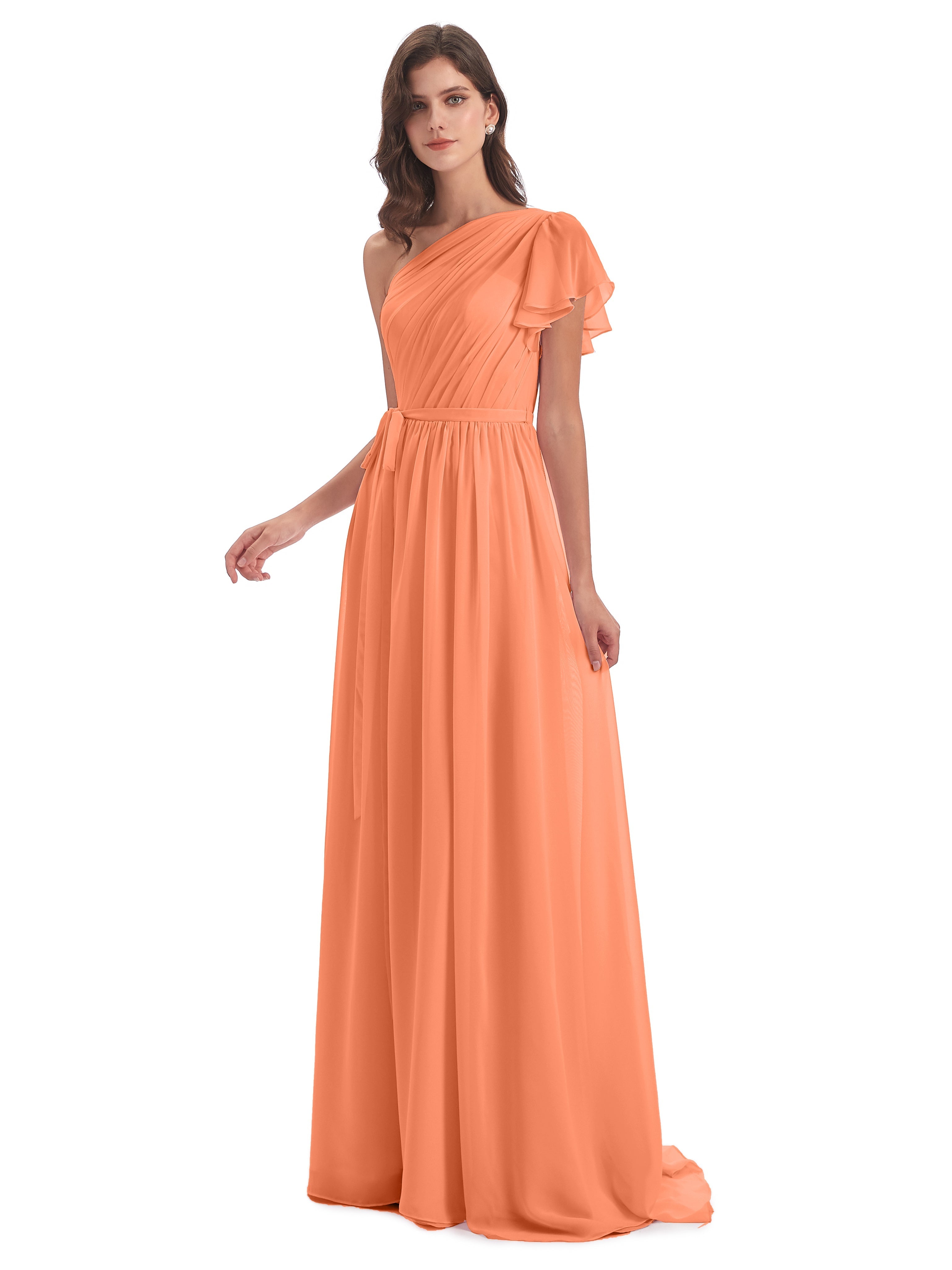 Robes De Demoiselle D'Honneur Papaye Balayage/Pinceau Traîne Seule-Épaule Robes Demoiselle D'Honneur