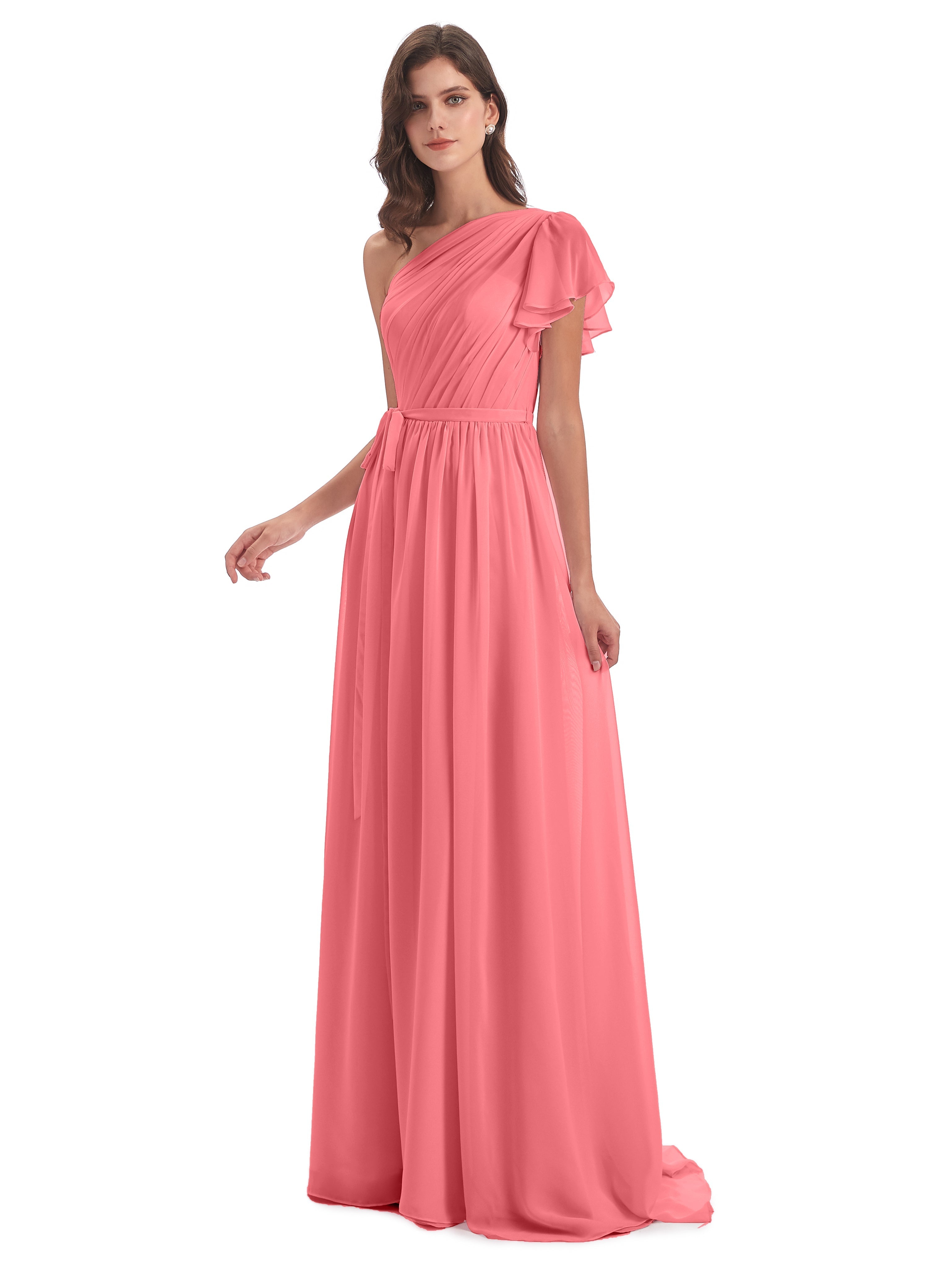 Robes De Demoiselle D'Honneur Pastèque Balayage/Pinceau Traîne Seule-Épaule Robes Demoiselle D'Honneur